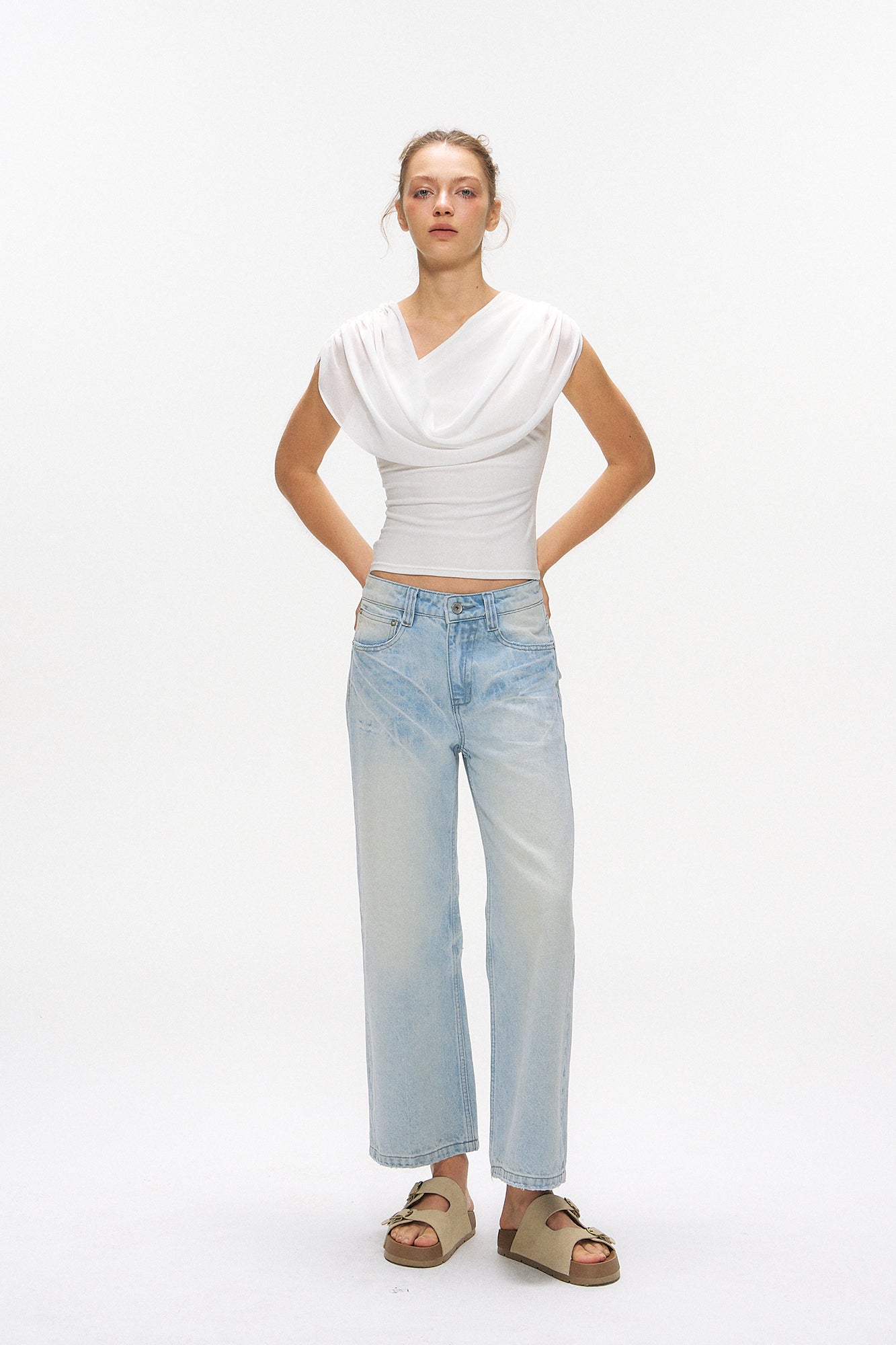 10AMSOTIIIIIIRED Asymmetrical Convertible Draped Overlay Top