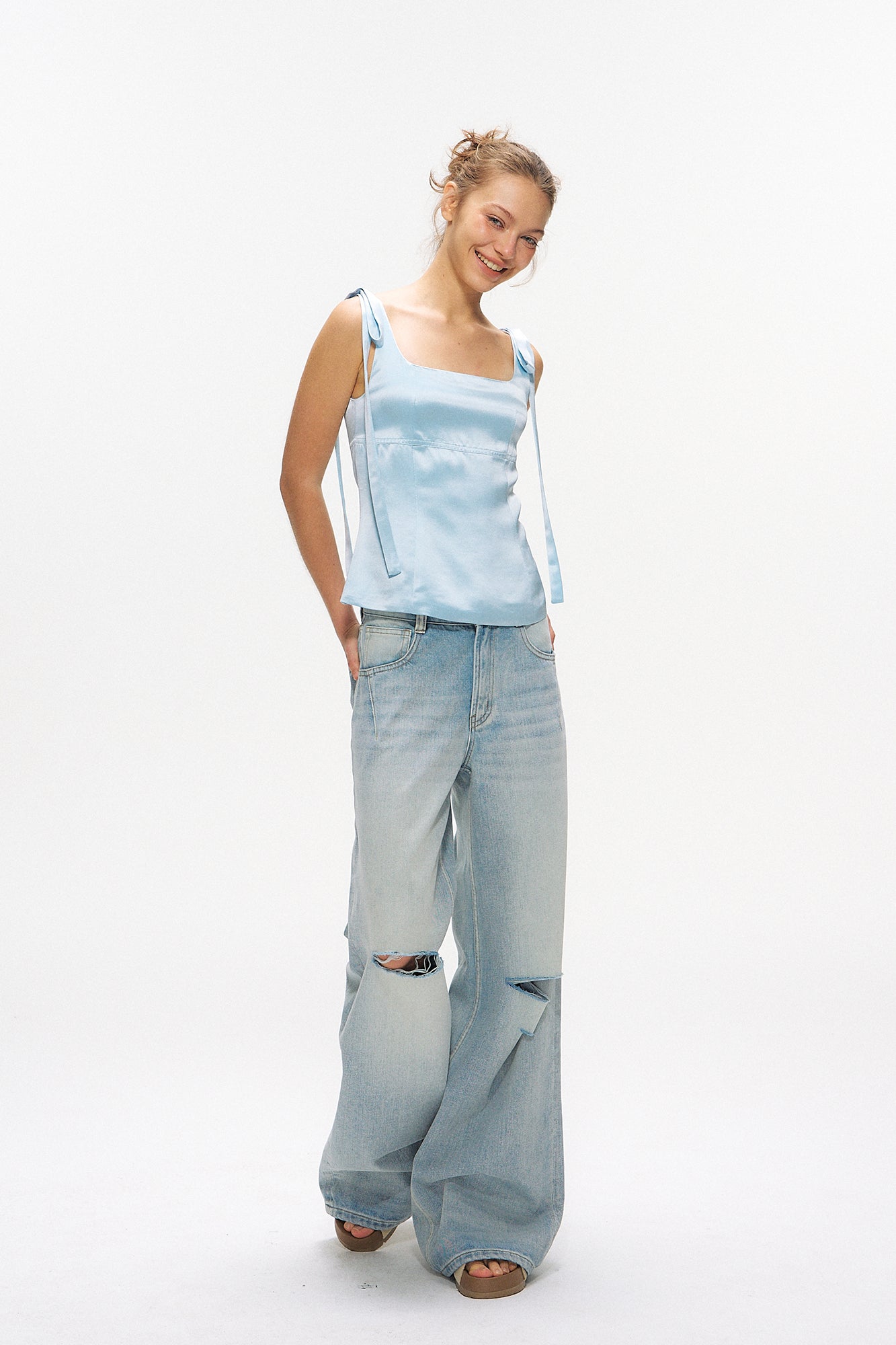10AMSOTIIIIIIRED Bow-Shoulder Square-Neck Satin Top