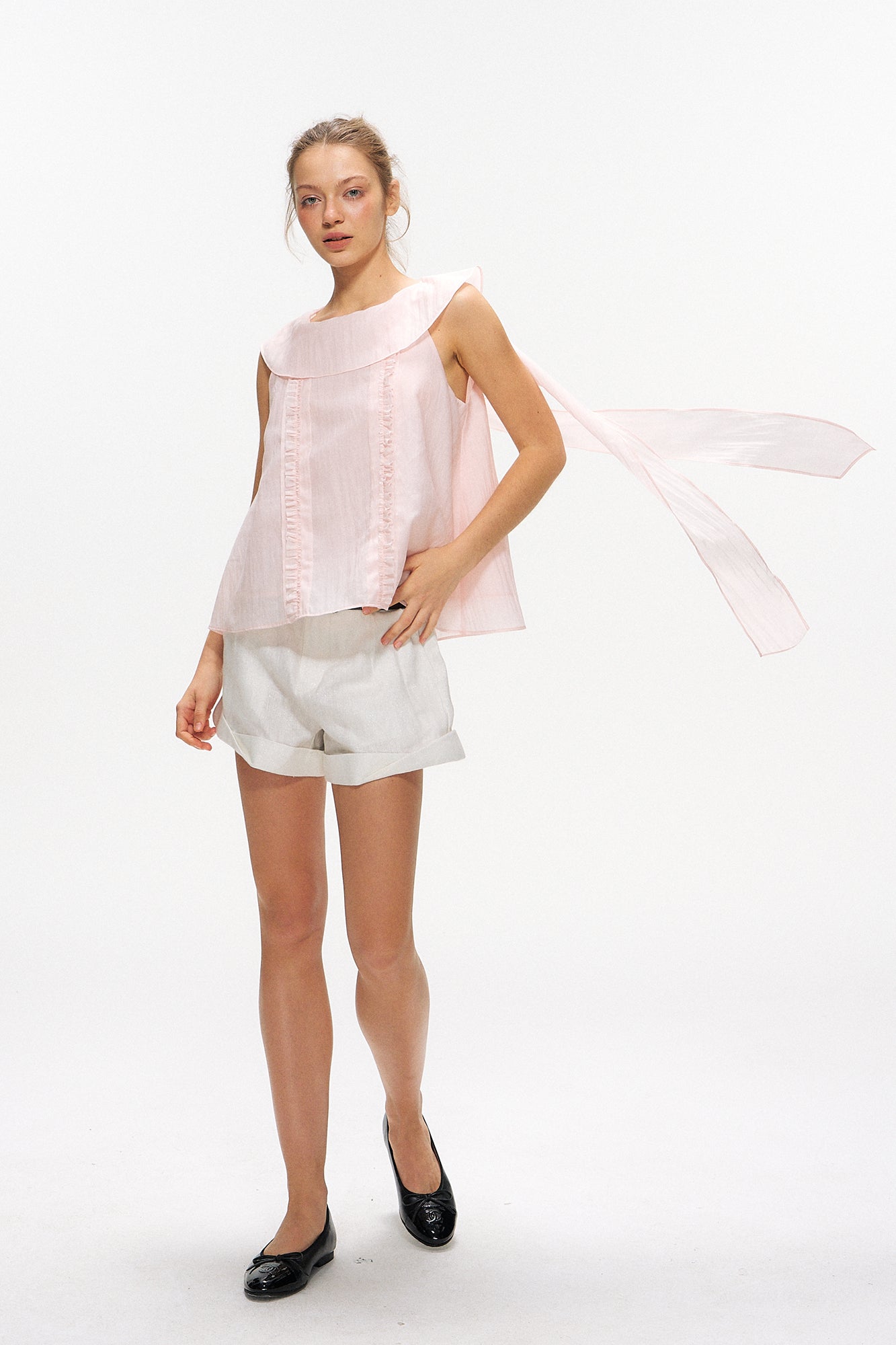 10AMSOTIIIIIIRED Drape-Collar Ruffle Trim Tank Top
