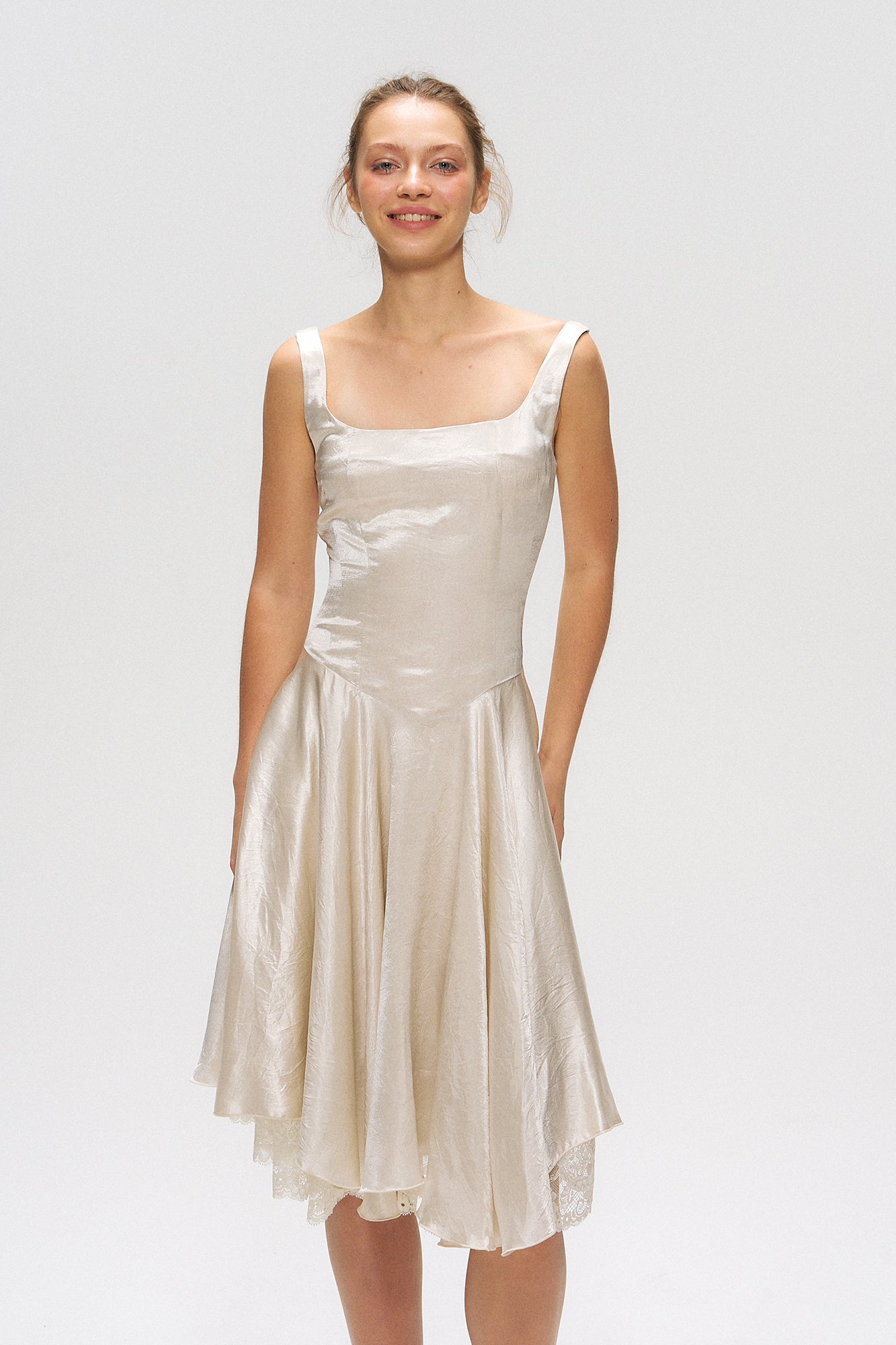 10AMSOTIIIIIIRED Lace-Up Back Lace-Hem Dress