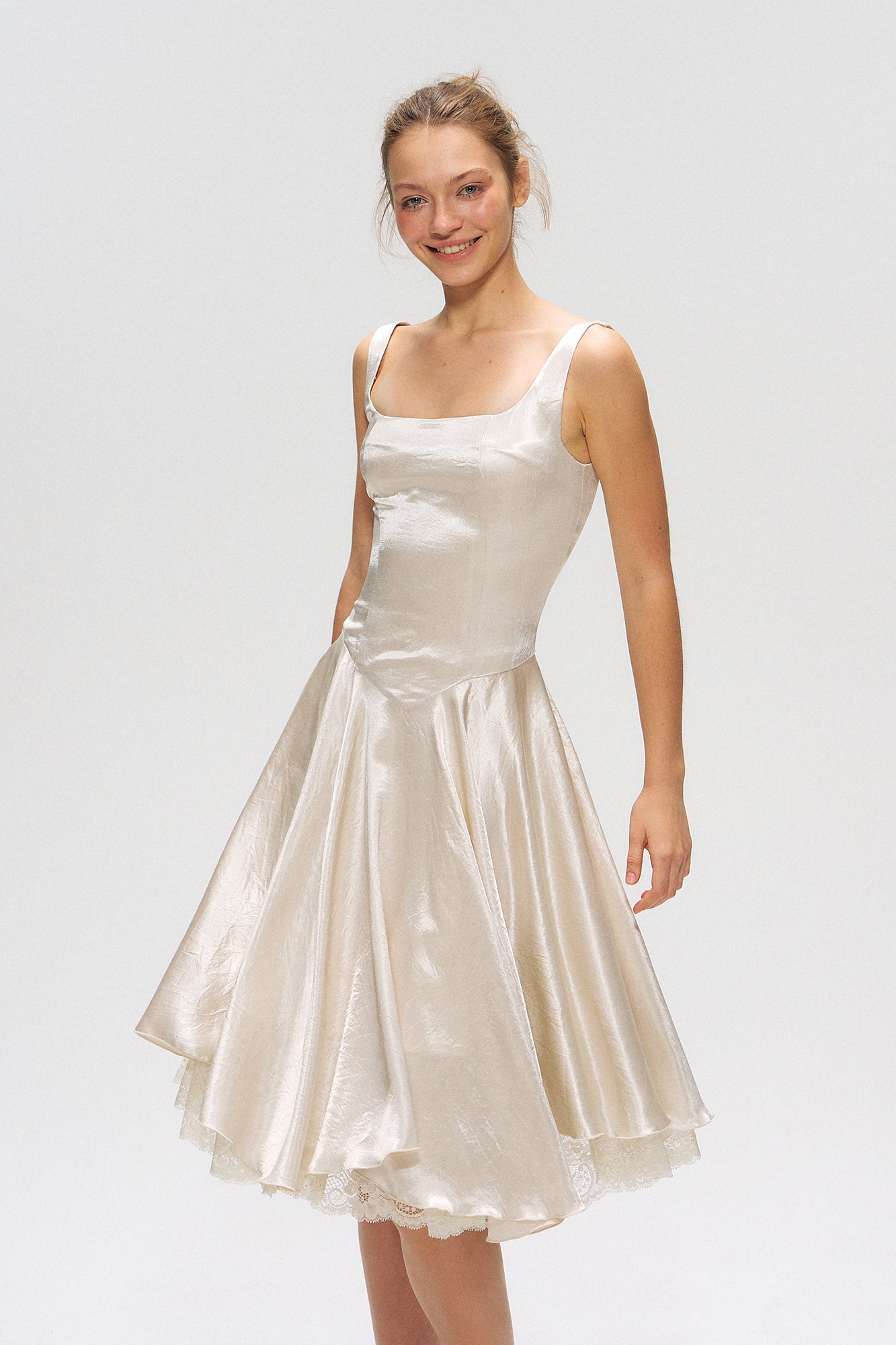 10AMSOTIIIIIIRED Lace-Up Back Lace-Hem Dress