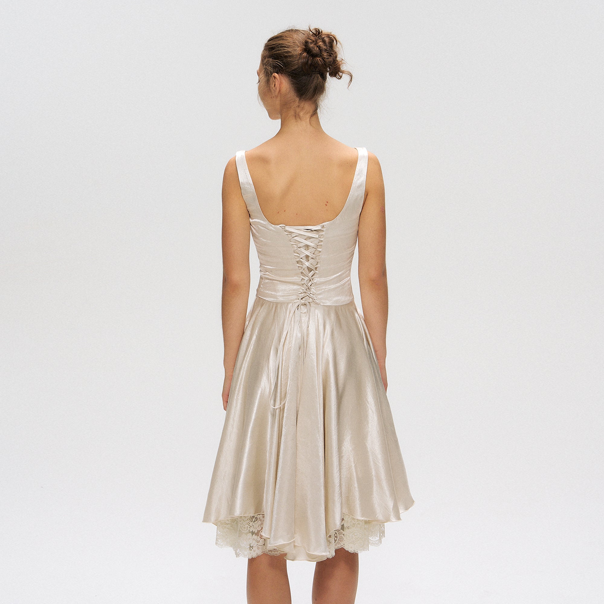 10AMSOTIIIIIIRED Lace-Up Back Lace-Hem Dress