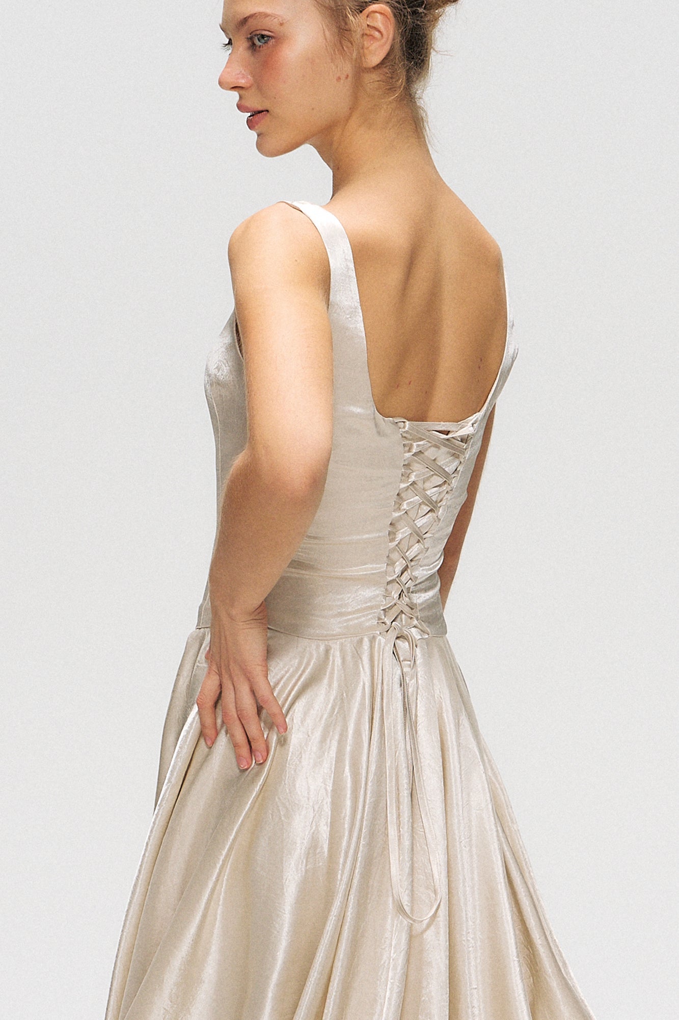 10AMSOTIIIIIIRED Lace-Up Back Lace-Hem Dress