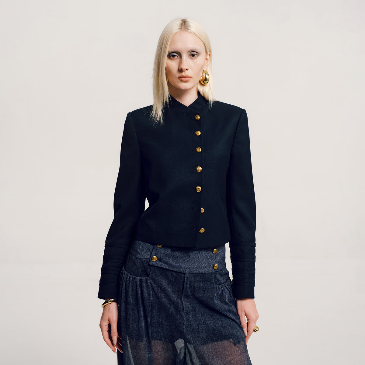 AWOKENTIME Padded-Shoulder Stand-Collar Wool-Blend Metal-Button Blazer