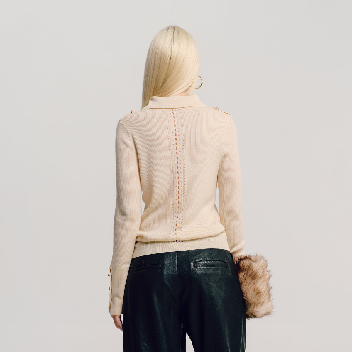 AWOKENTIME Polo Collar Metal-Button Long-Sleeve Sweater