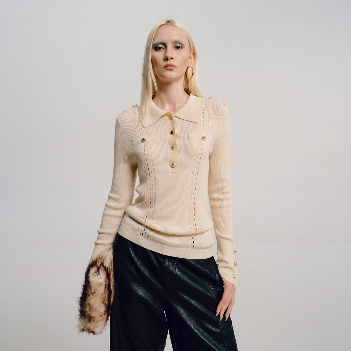 AWOKENTIME Polo Collar Metal-Button Long-Sleeve Sweater