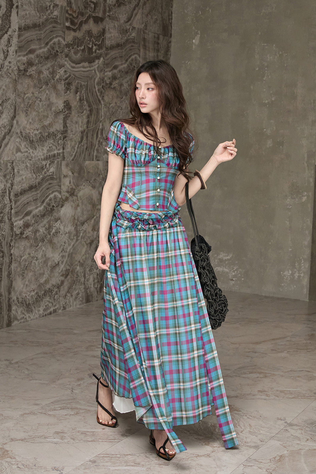 MXU Retro Plaid Ruched Top & Maxi Skirt Set