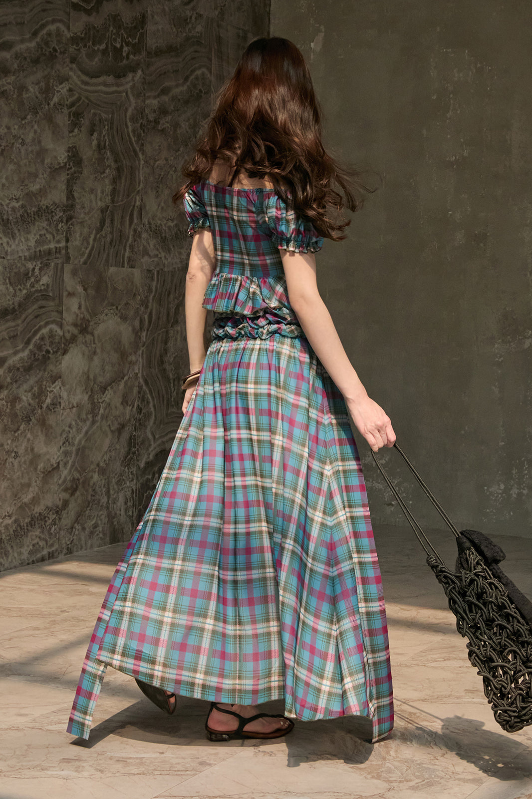 MXU Retro Plaid Ruched Top & Maxi Skirt Set