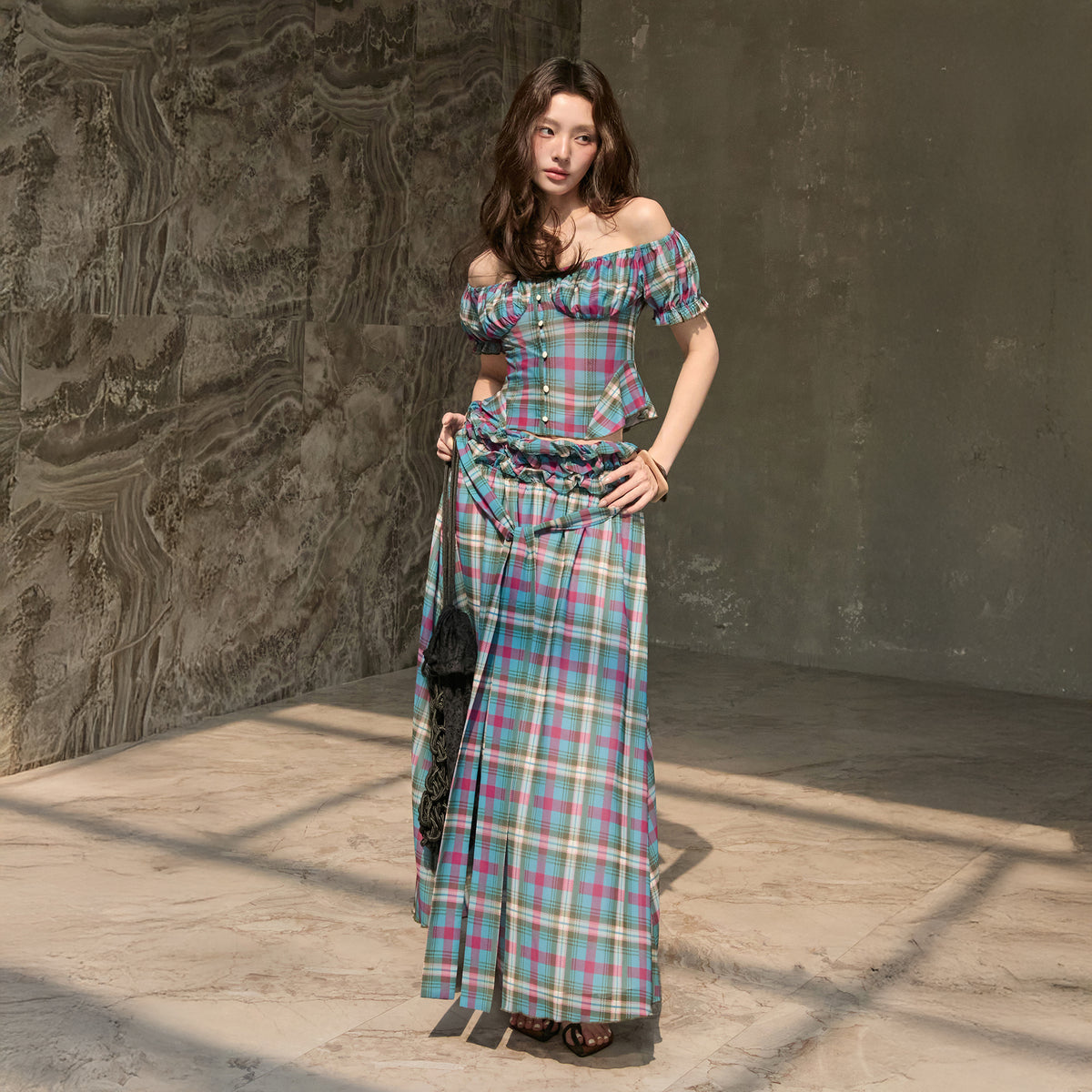 MXU Retro Plaid Ruched Top & Maxi Skirt Set