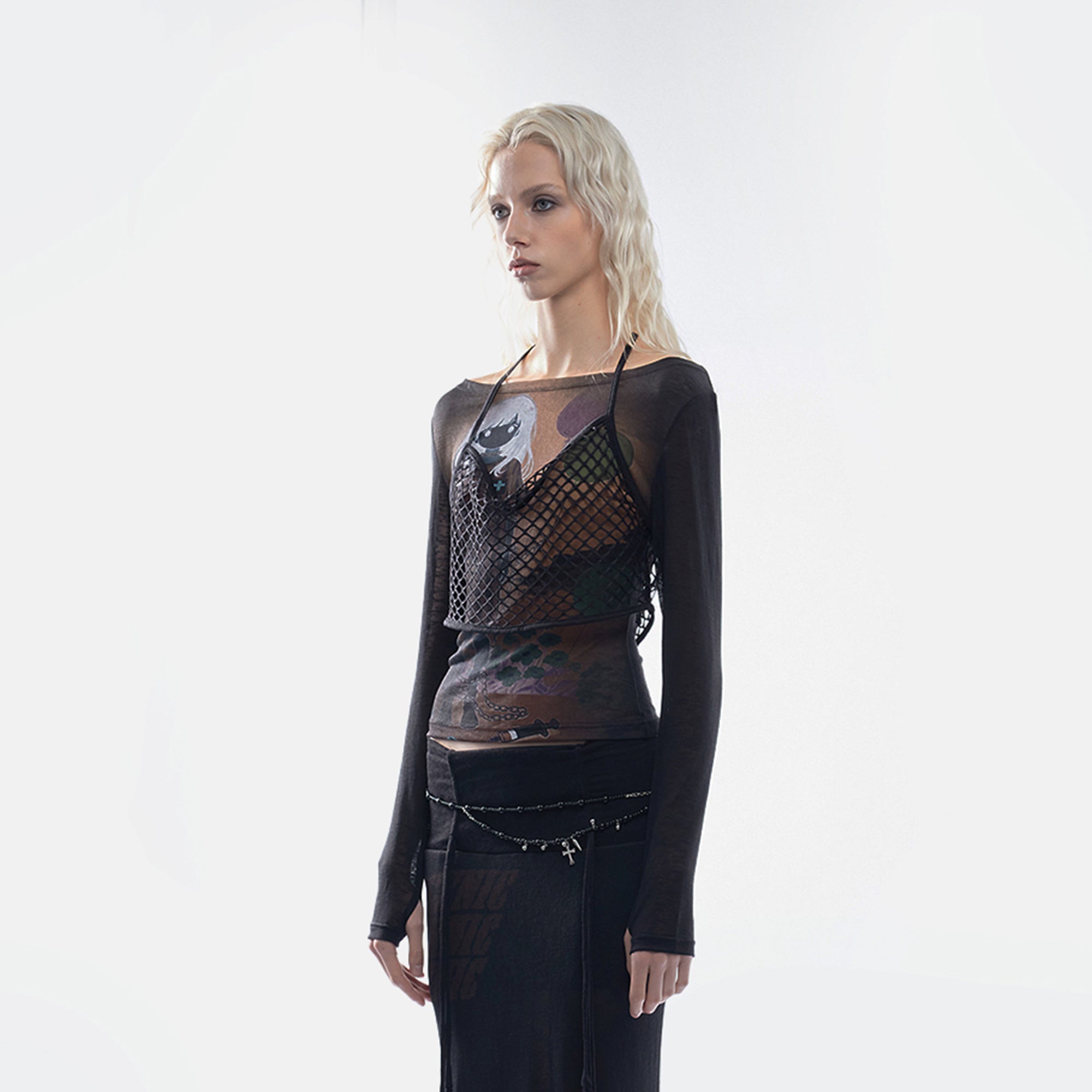 EMOHA Fishnet Overlay Graphic Sheer Long Sleeve Tee