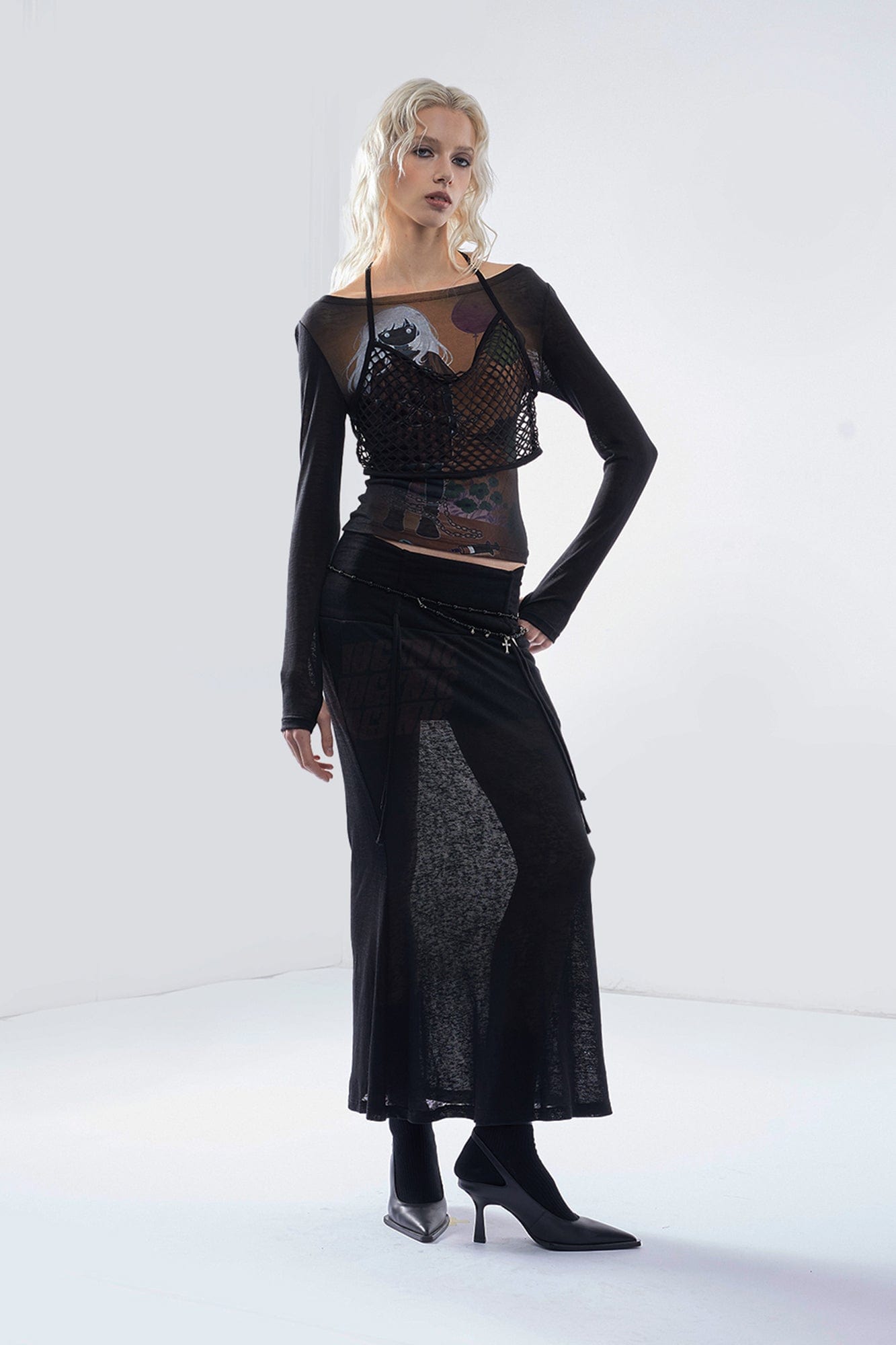 EMOHA Fishnet Overlay Graphic Sheer Long Sleeve Tee