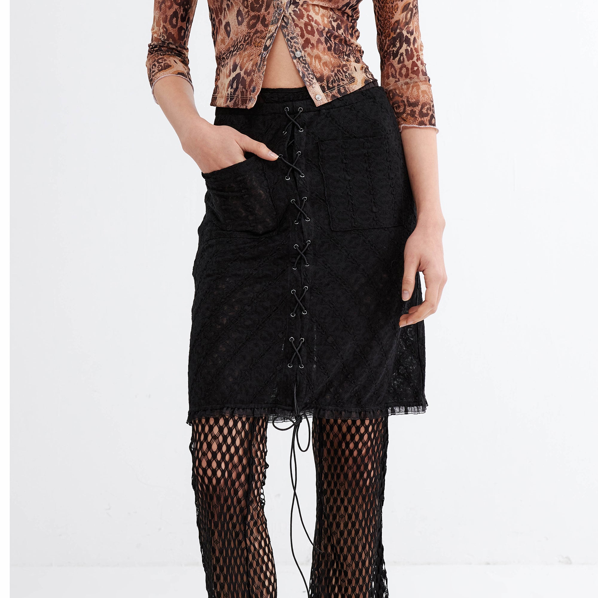 JIUWU PARK Lace-Up Layered Mesh Skirt