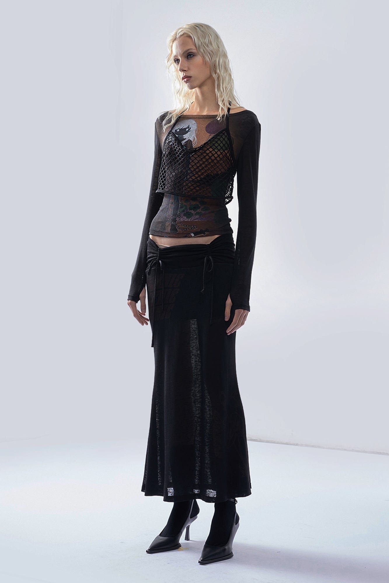 EMOHA Fishnet Overlay Graphic Sheer Long Sleeve Tee