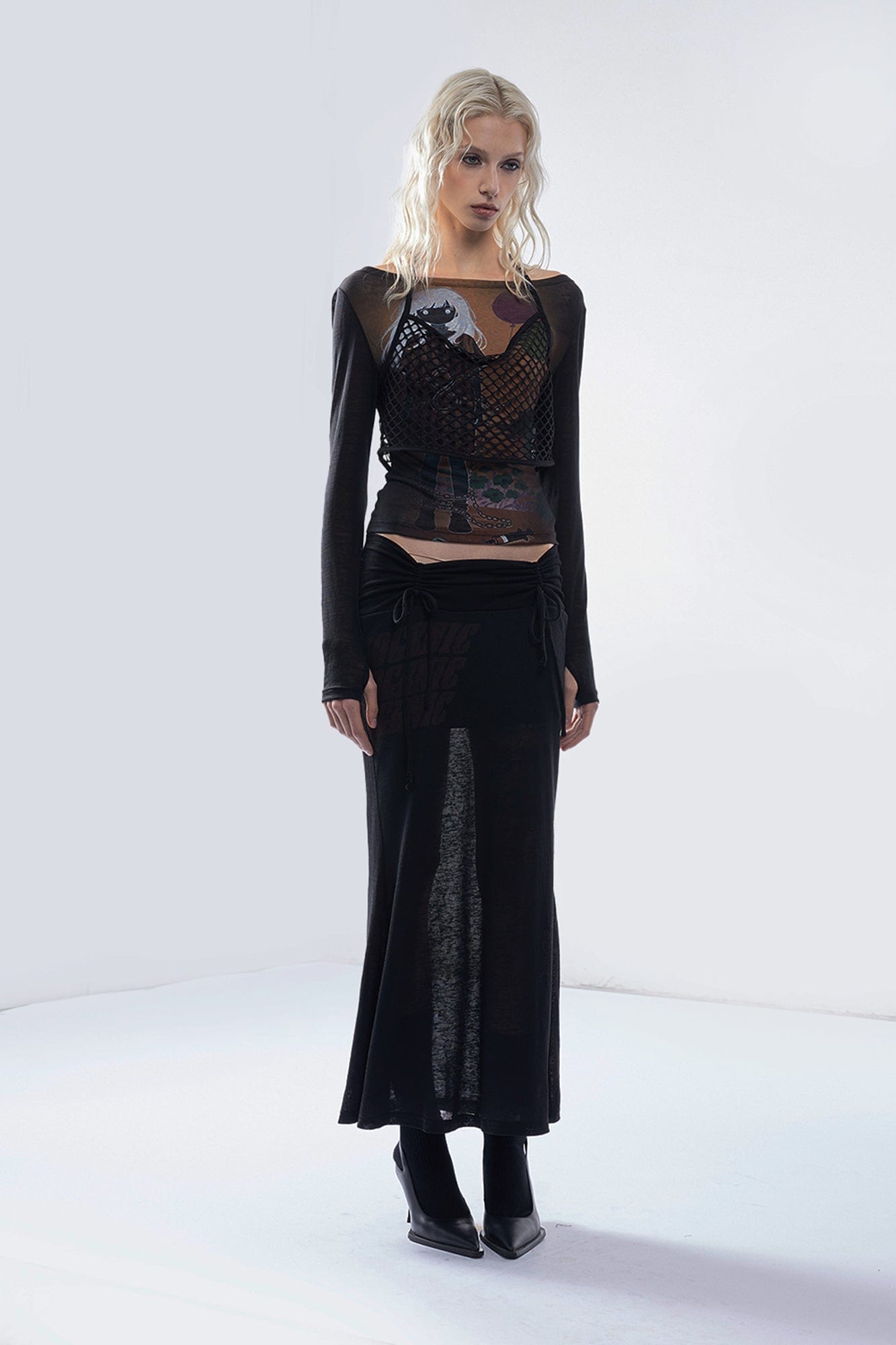 EMOHA Fishnet Overlay Graphic Sheer Long Sleeve Tee