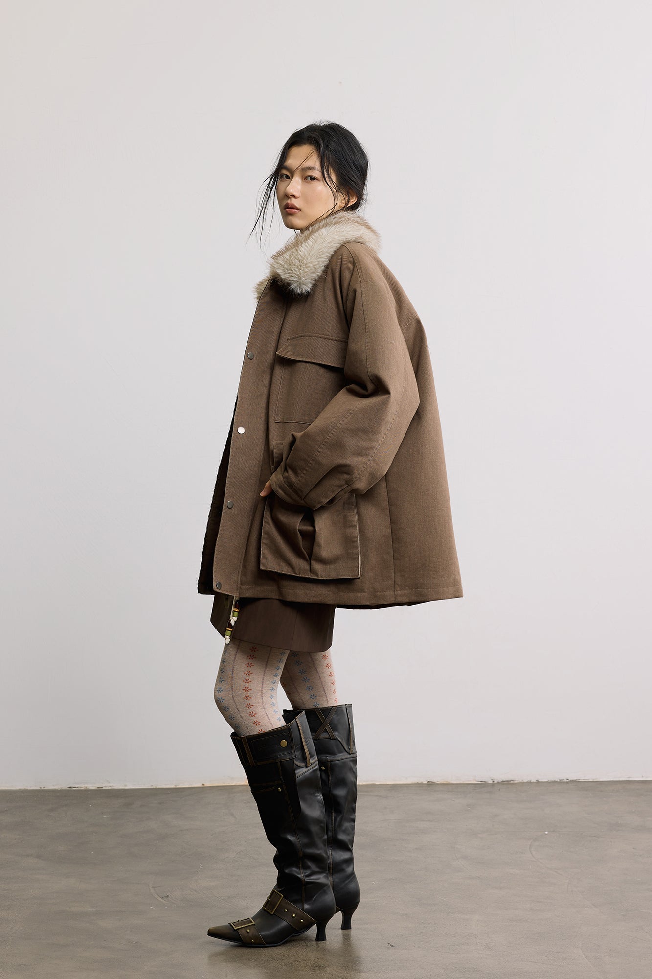 SAME FLOW Faux Fur Collar Oversized Utility Jacket