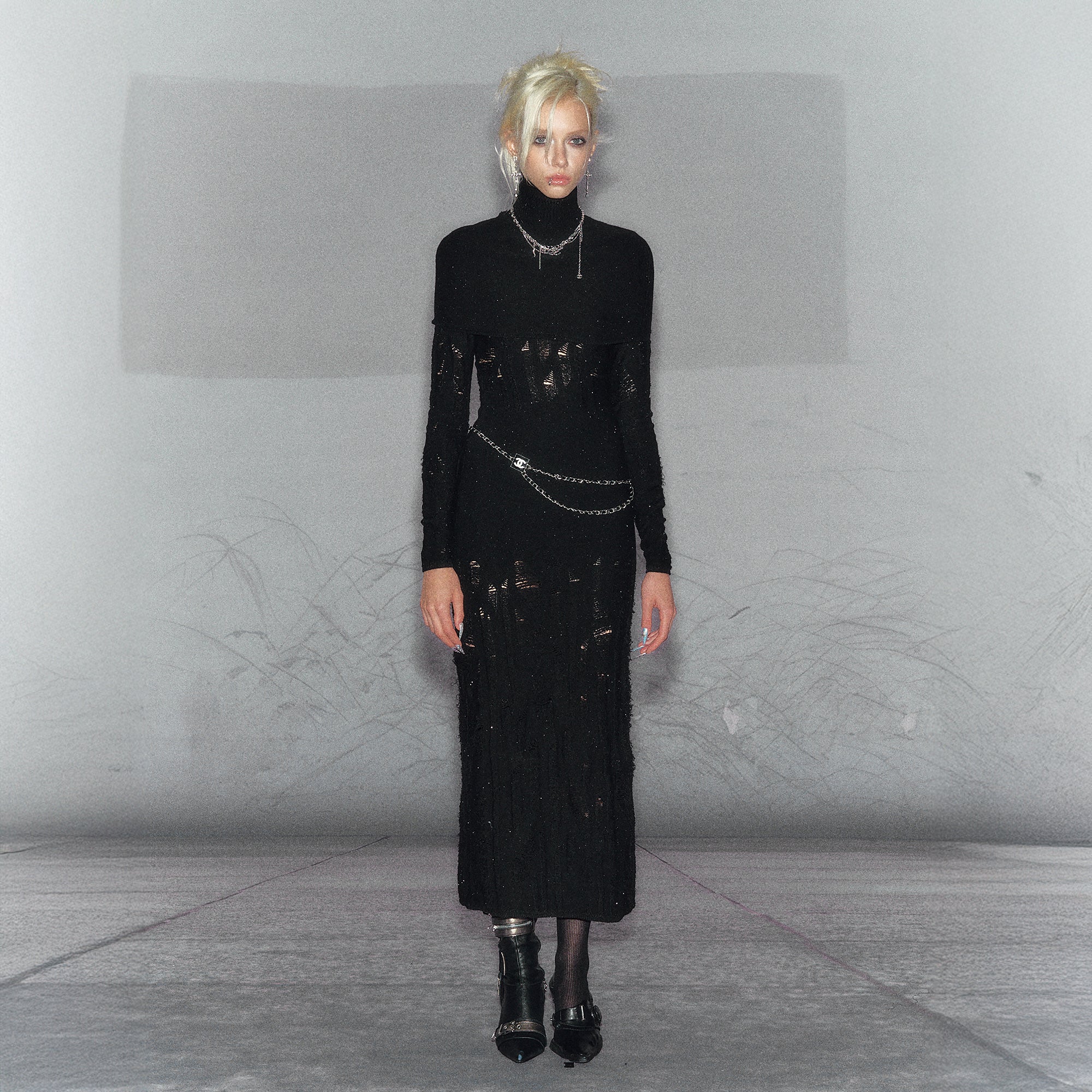 THE NEVERMORE Distressed Deep-V Knit Maxi Dress