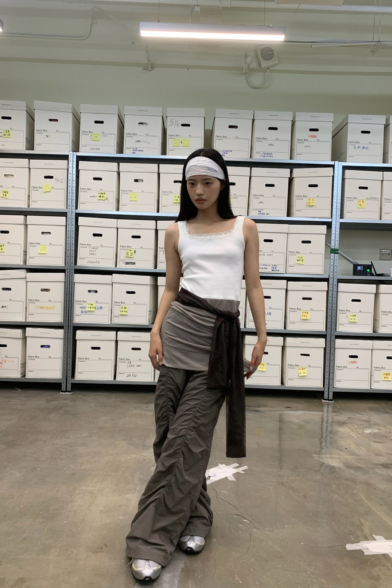NEVERSEEZ Drawstring Ruched Wide-Leg Utility Pants