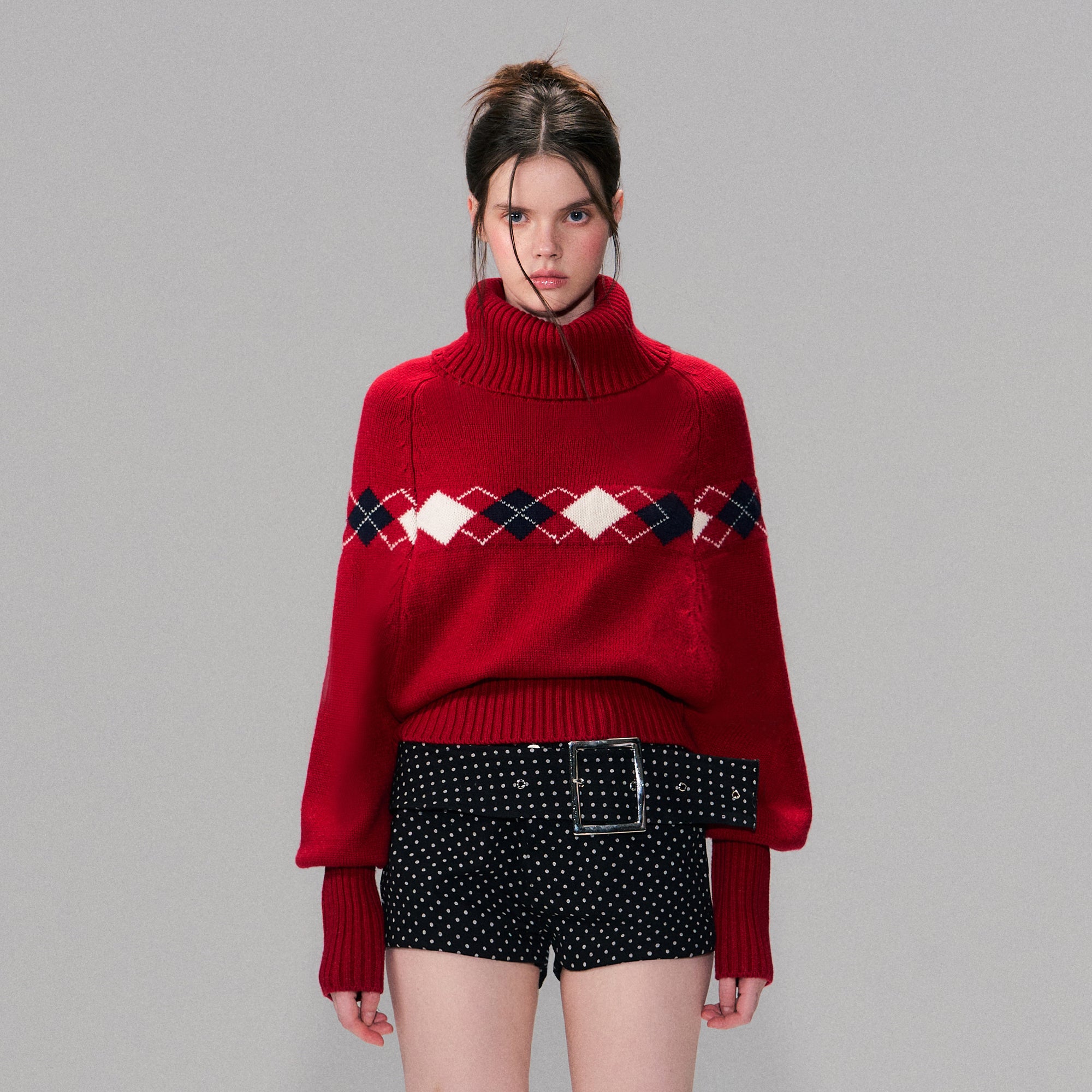 THE NEVERMORE Argyle Ribbed Balloon Sleeve Sweater