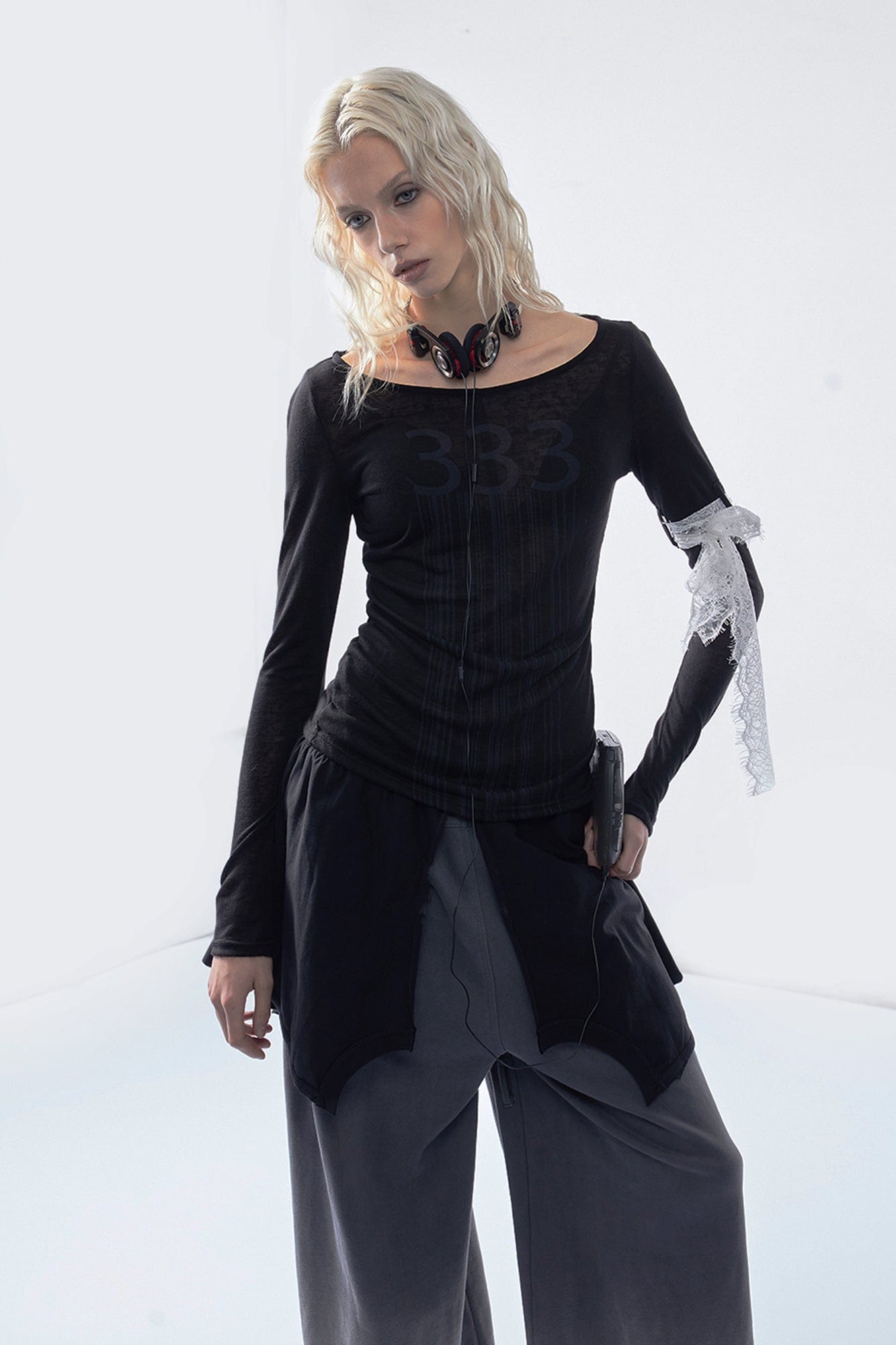 EMOHA 333 Graphic Sheer Long Sleeve Tee