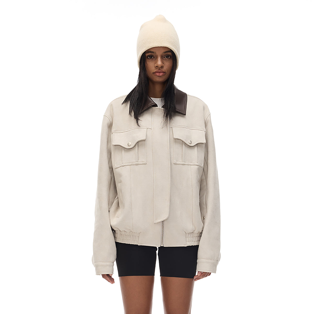 COSTUSTOOT Contrast-Collar Suede Oversized Big-Pocket Jacket