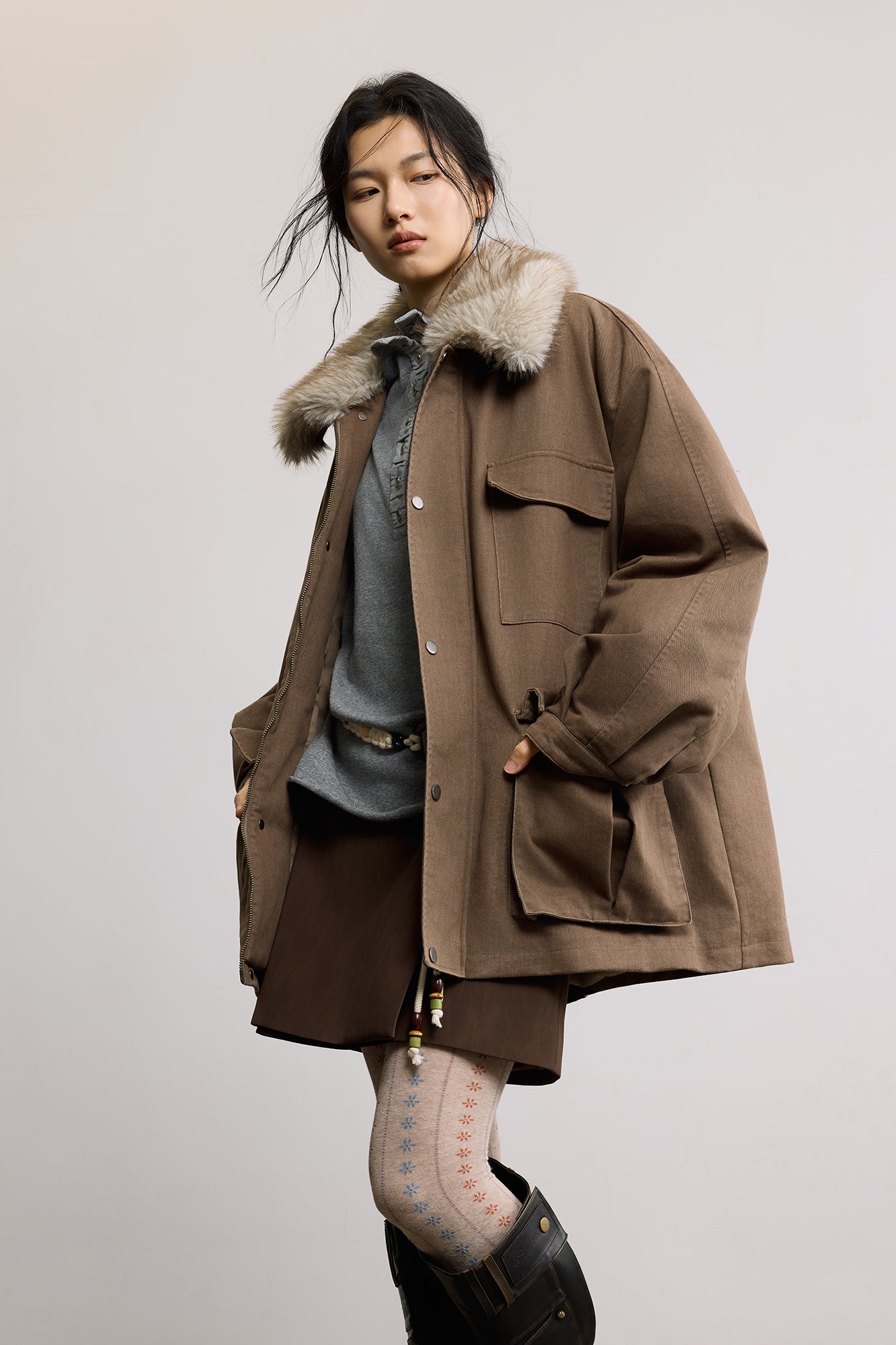 SAME FLOW Faux Fur Collar Oversized Utility Jacket