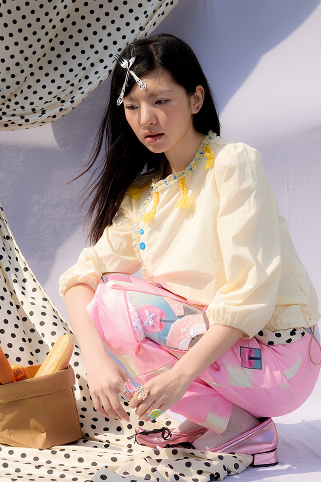 UNSOCIAL NIGHT Asymmetric Tassel-Trim Button Blouse