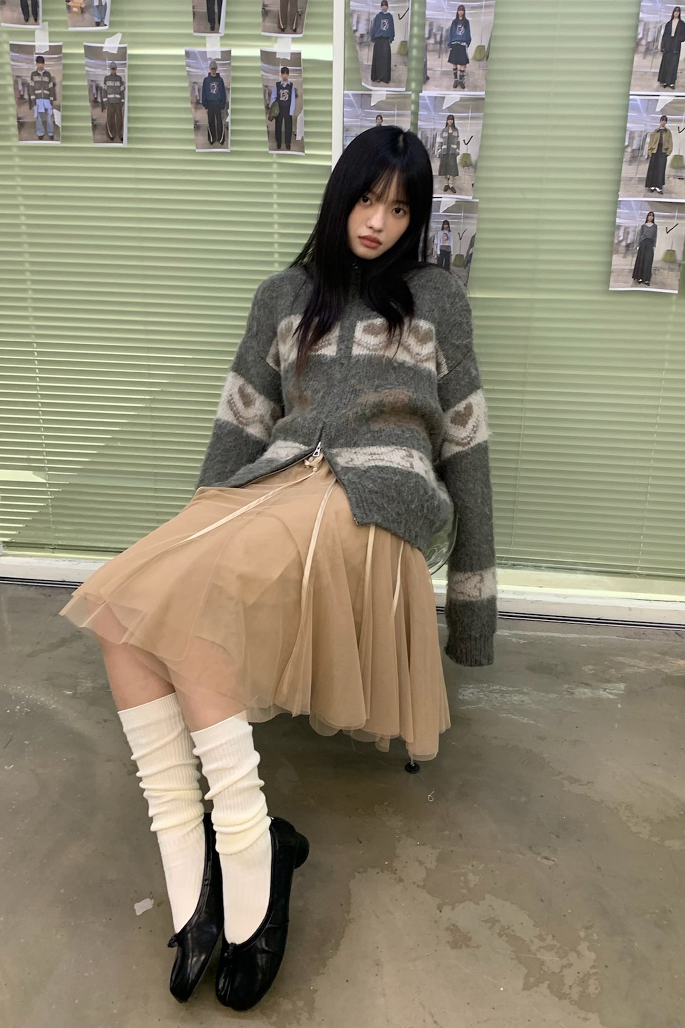 NEVERSEEZ Fuzzy Dog & Heart Jacquard Zip-Up Cardigan