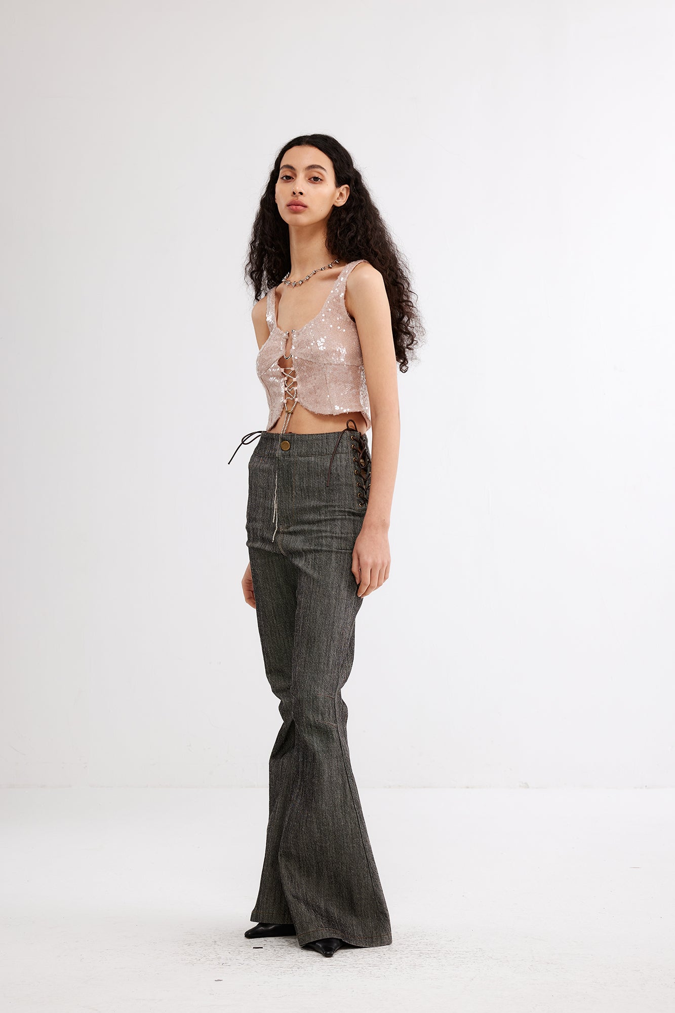 JIUWU PARK Sequin Lace-Up Hardware Tank Top
