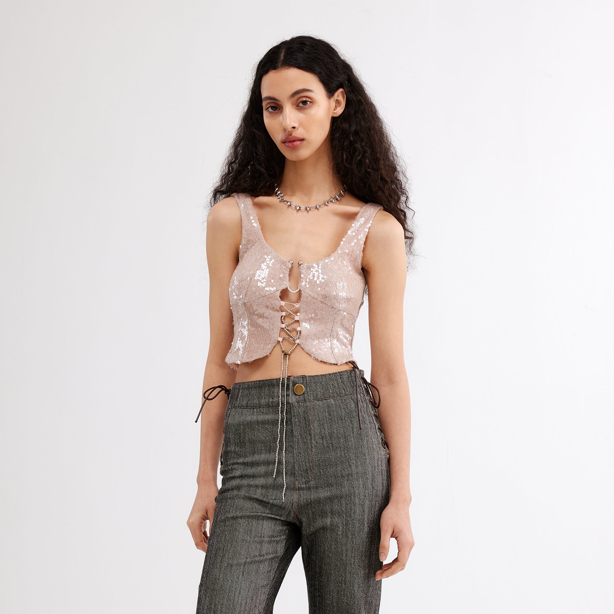 JIUWU PARK Sequin Lace-Up Hardware Tank Top