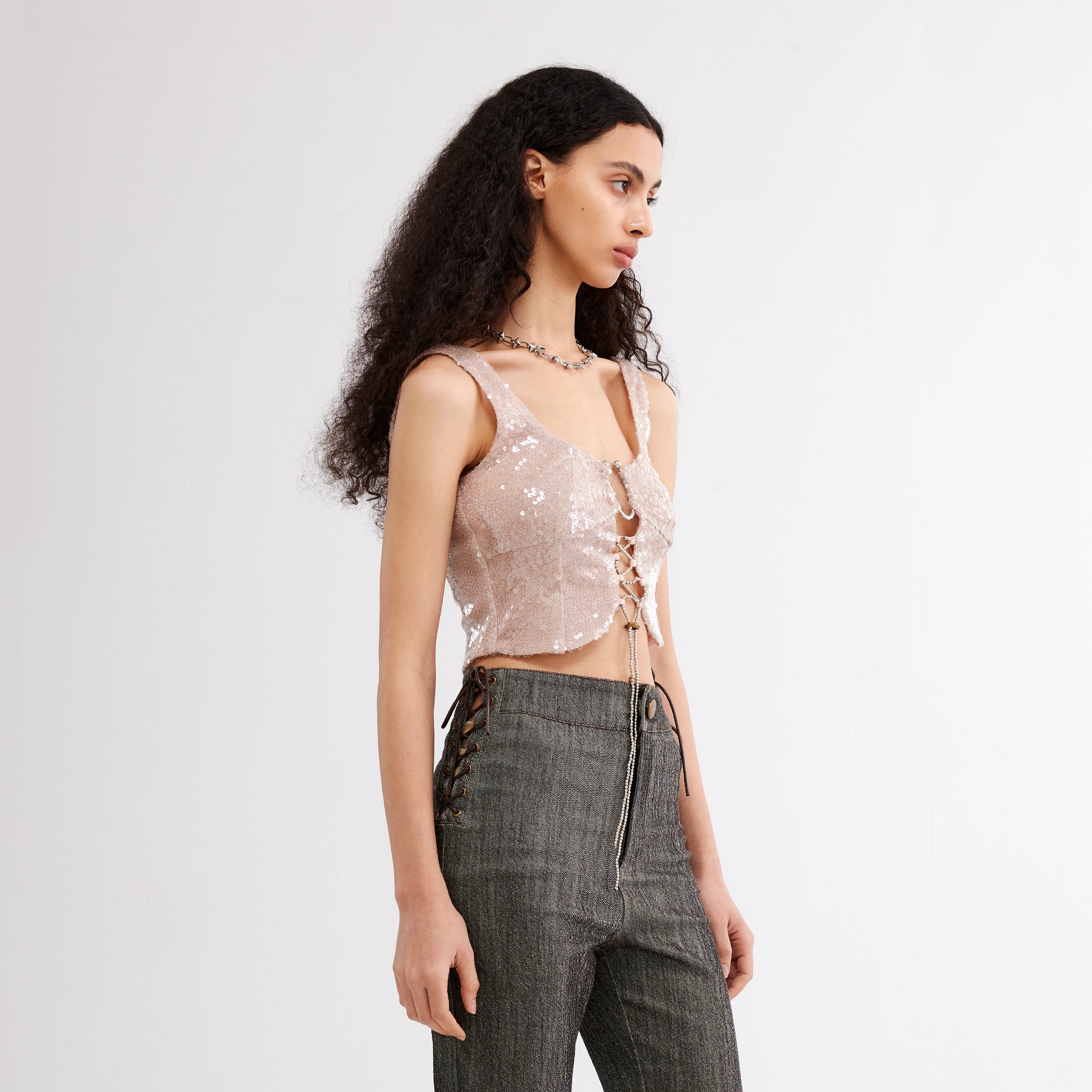 JIUWU PARK Sequin Lace-Up Hardware Tank Top
