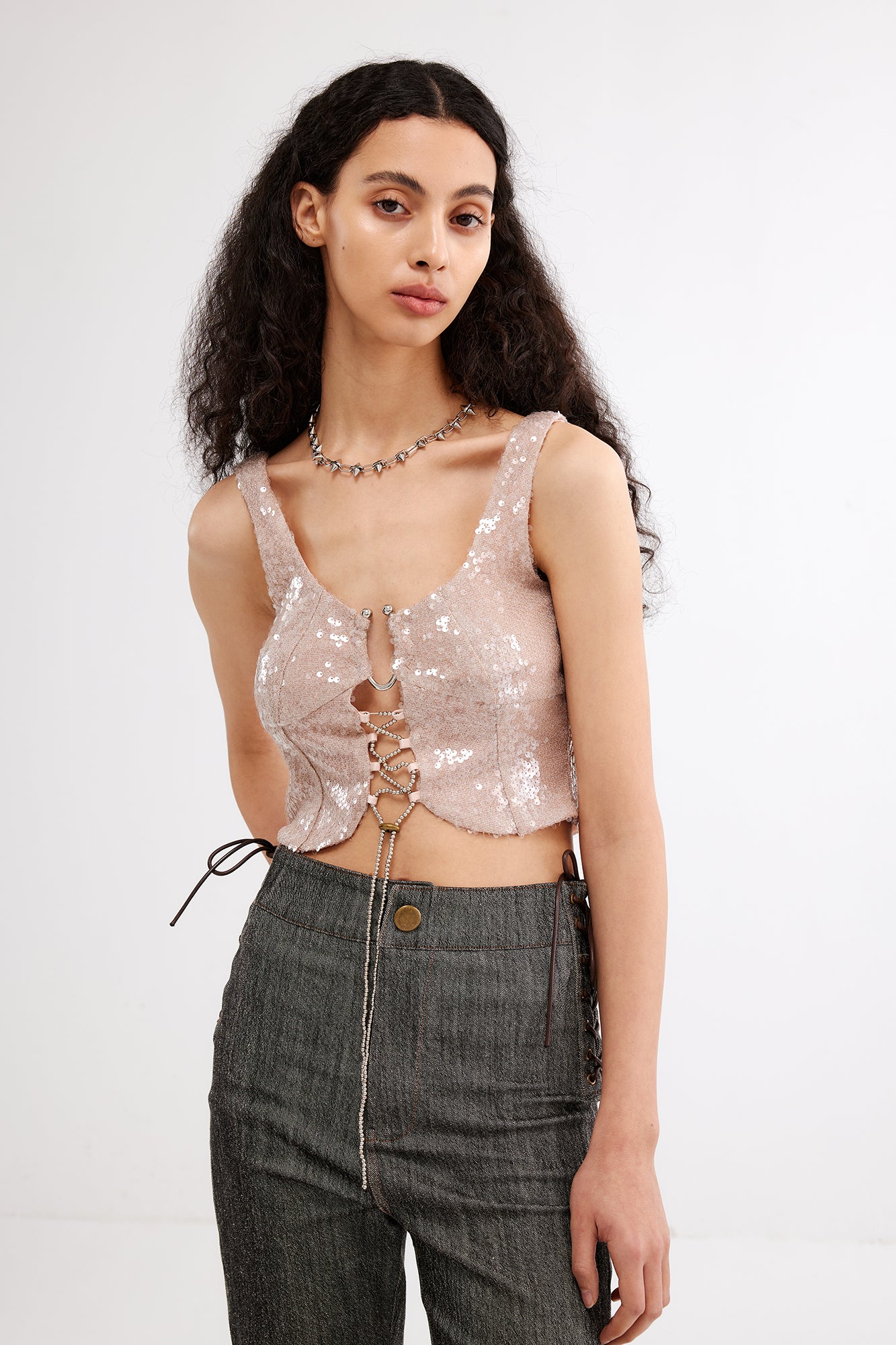 JIUWU PARK Sequin Lace-Up Hardware Tank Top