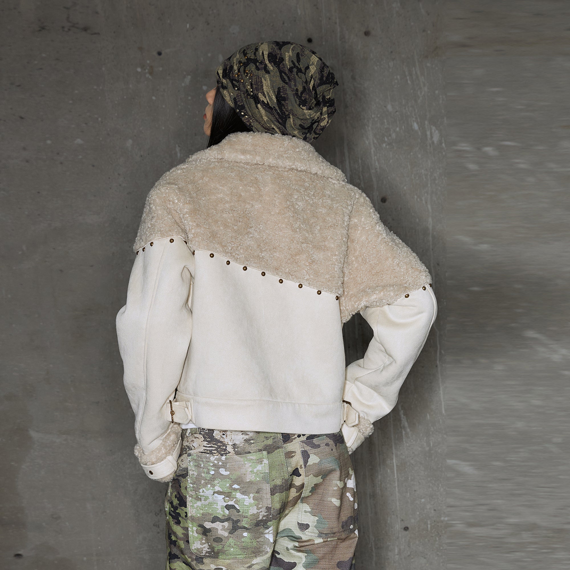 CONFUN Studded Paneled Faux Shearling Jacket