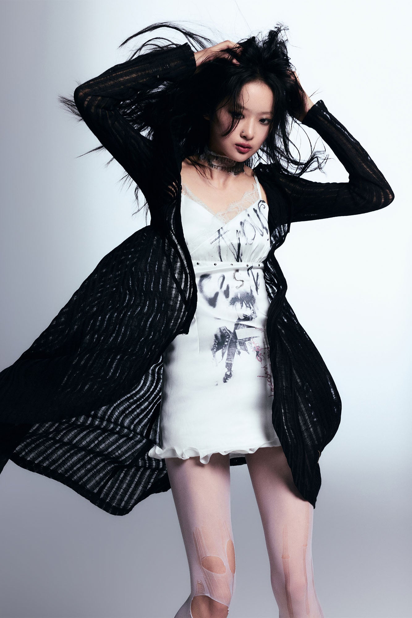 CESTNOUS Graffiti Mesh-Trim Slip Dress