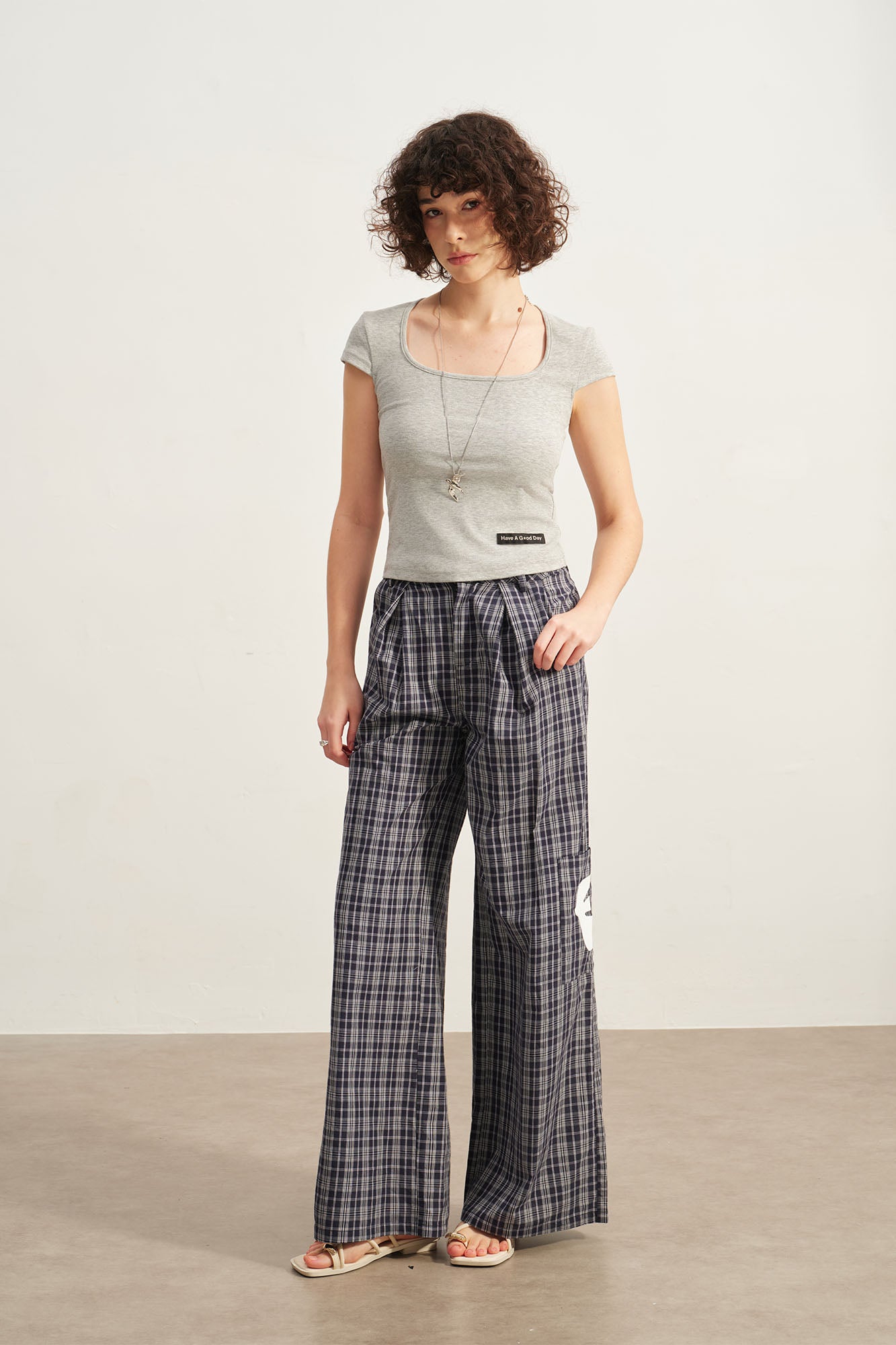 SOFITTE Plaid Pleats Patch Straight-Leg Pants