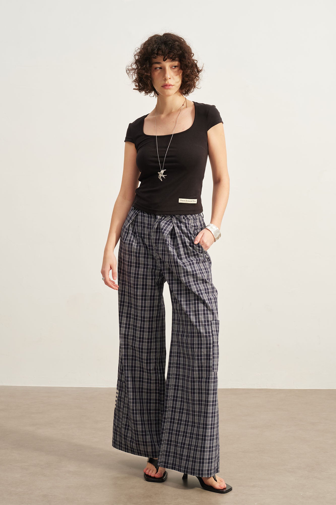 SOFITTE Plaid Pleats Patch Straight-Leg Pants