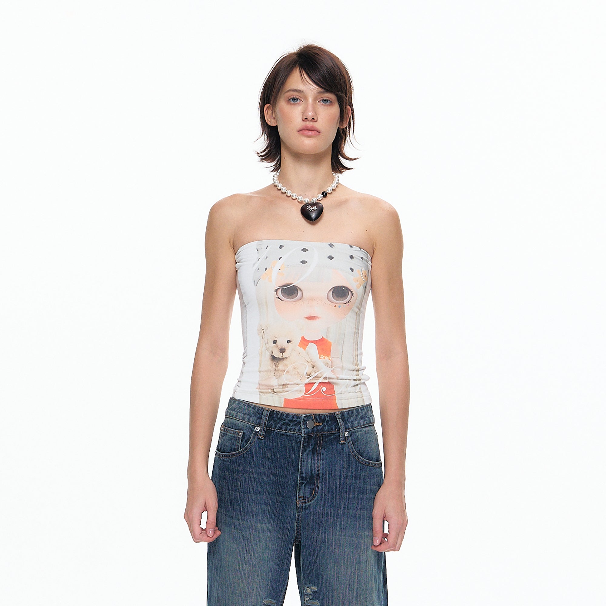 10AMSOTIIIIIIRED Graphic Backless Slim Bandeau Top
