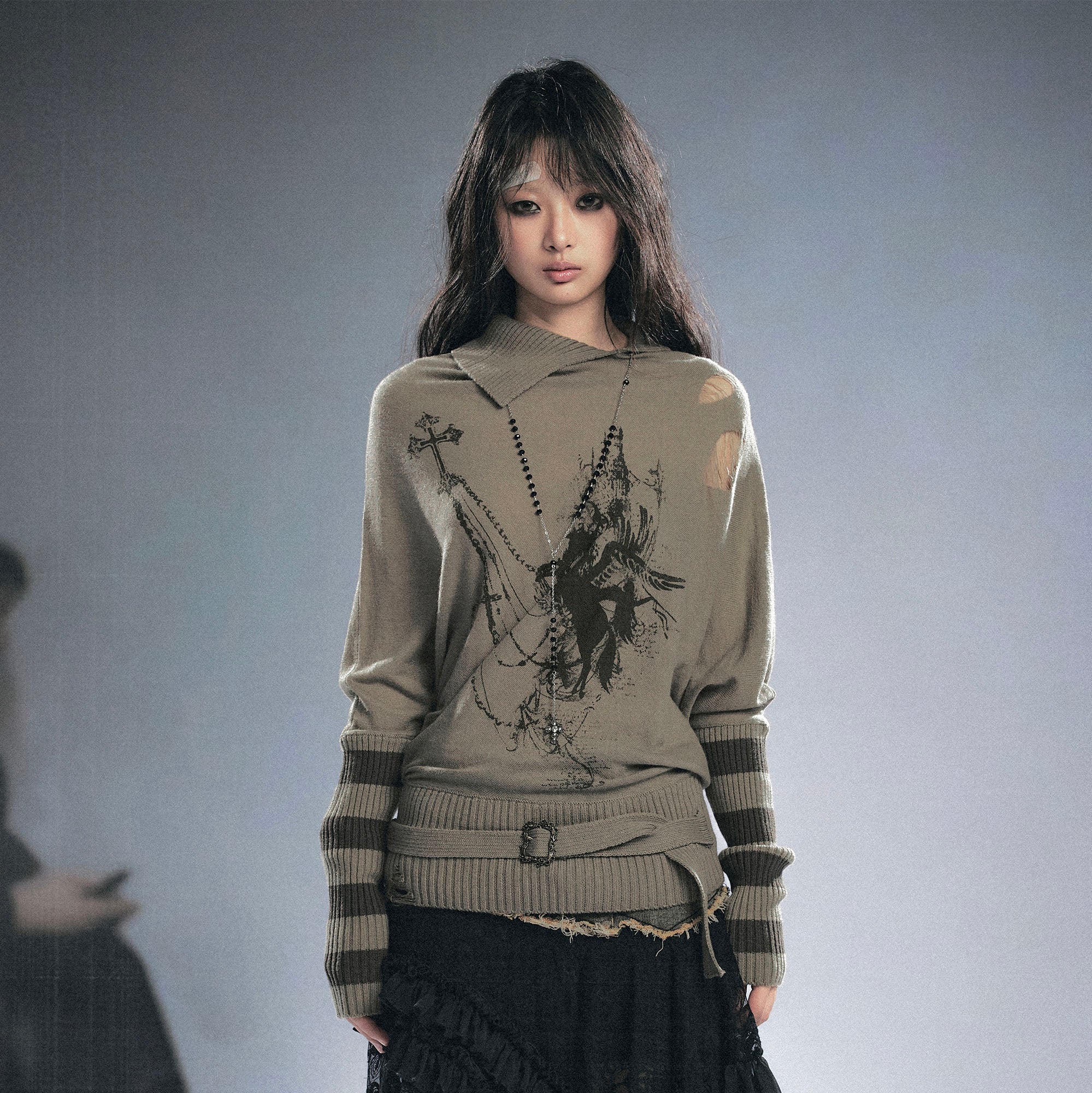 CESTNOUS Gothic Graphic Striped Bat-Sleeve Sweater