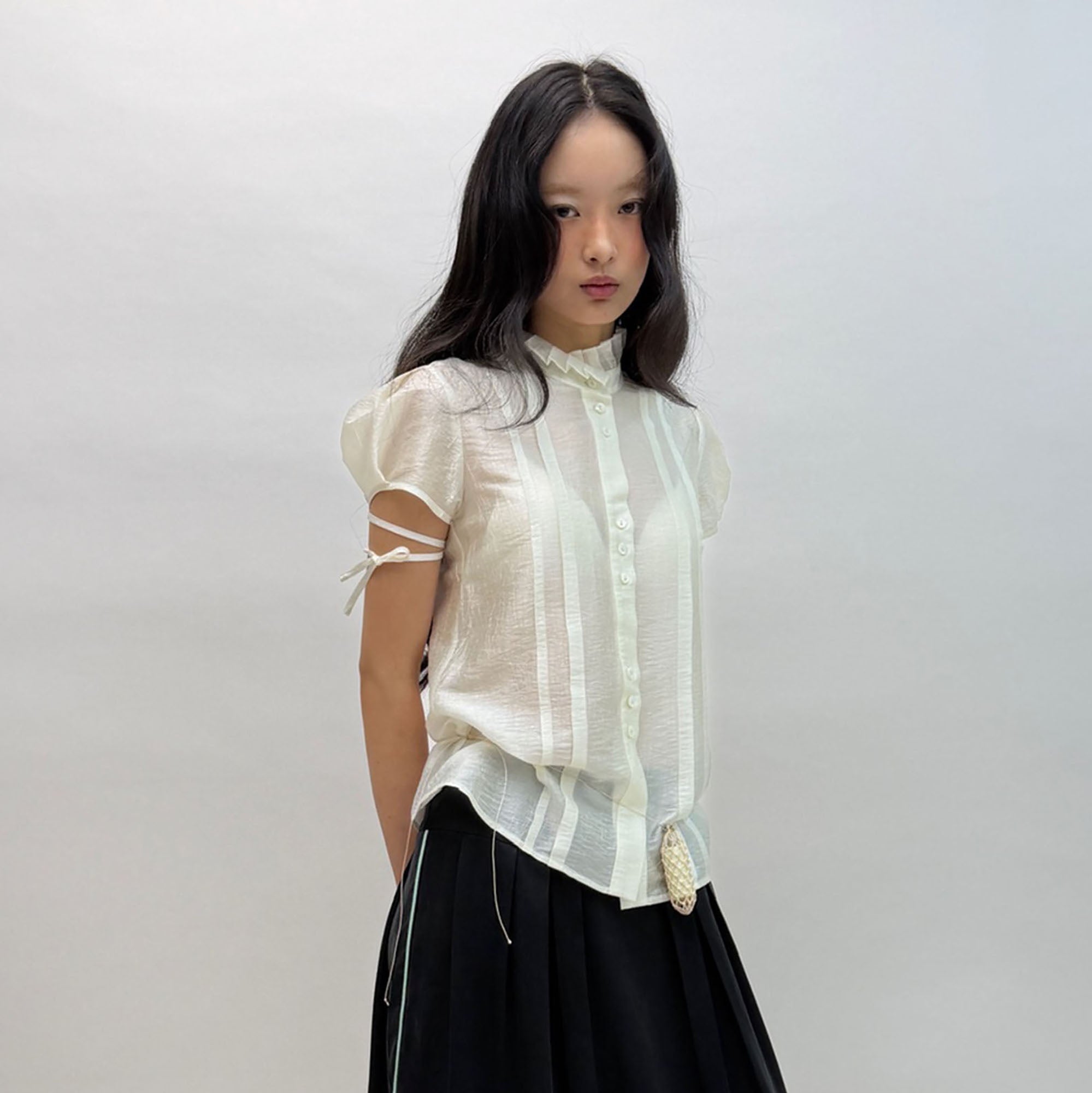 NEVERSEEZ Ruffle-Collar Paneled Puff-Sleeve Shirt