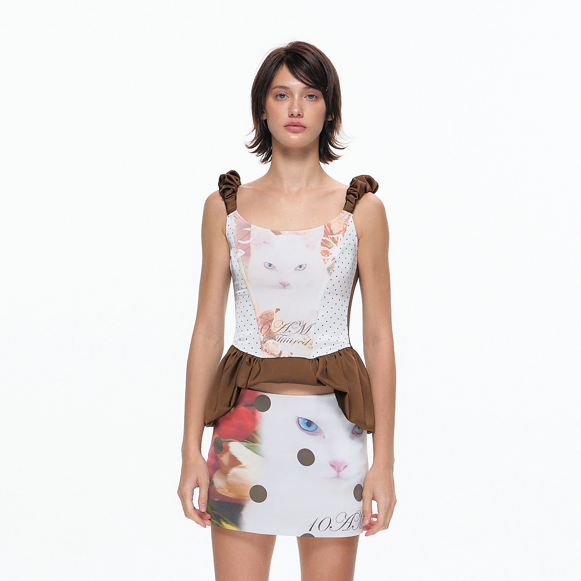 10AMSOTIIIIIIRED Cat And Dog Graphic Corset Top And Mini Skirt Satin Set