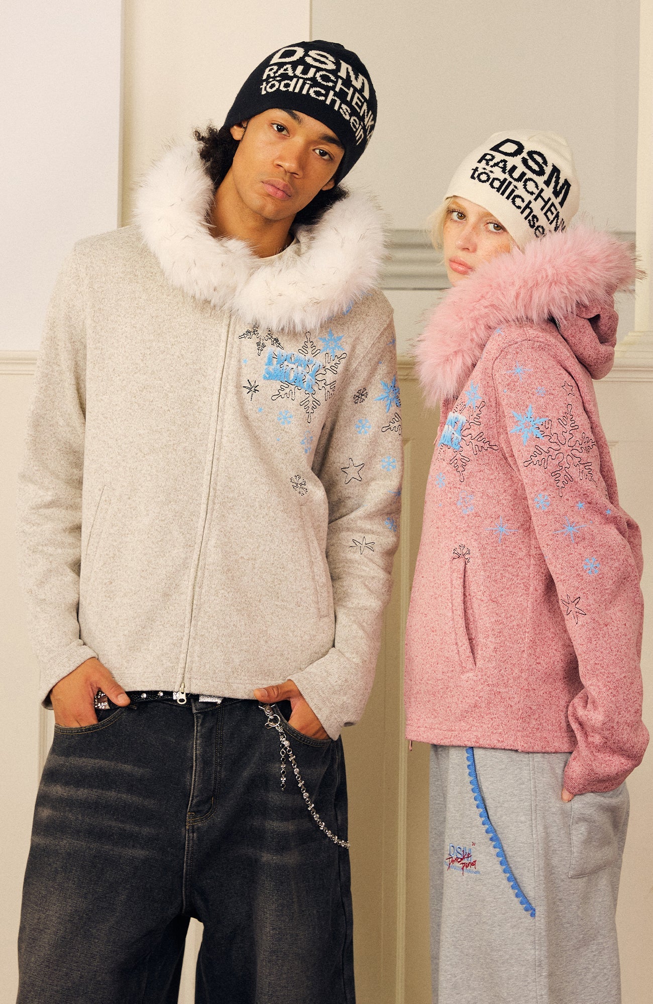 DONSMOKE Snowflake Embroidered Fleece-Lined Zip-Up Hoodie