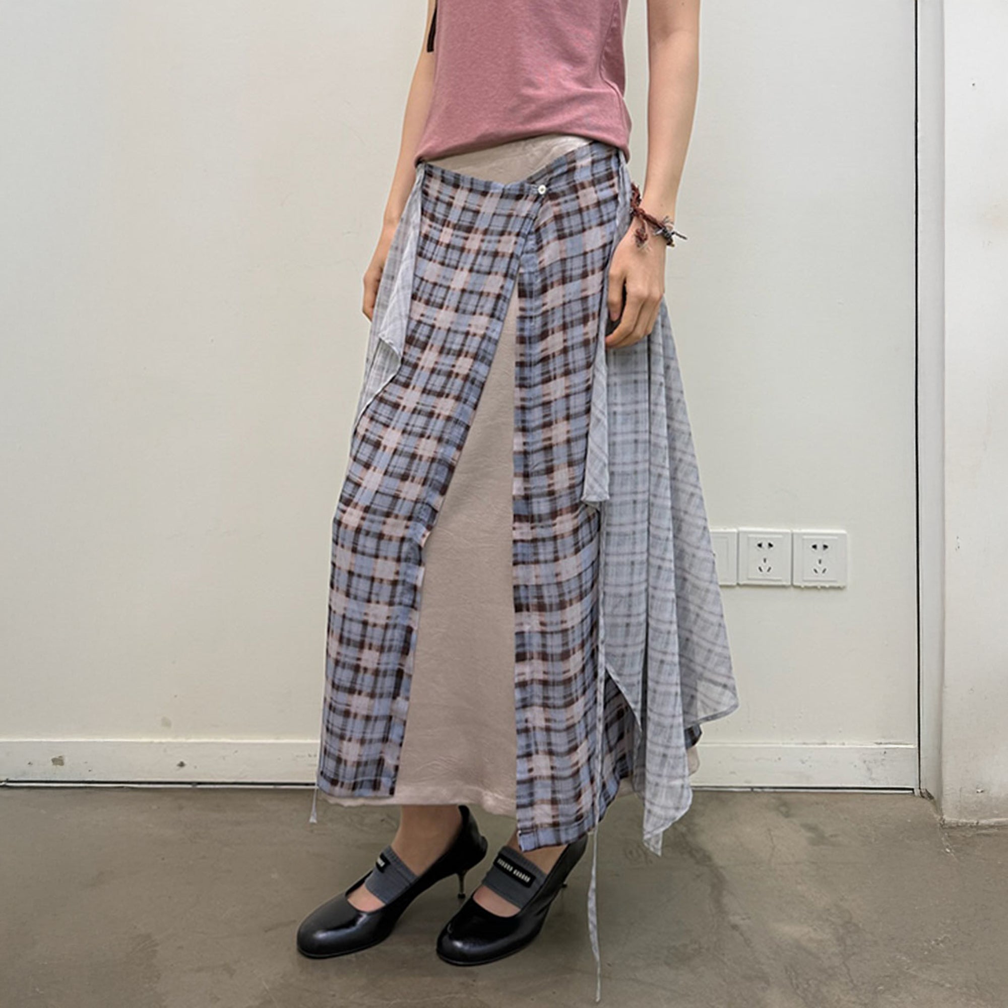 NEVERSEEZ Layered Plaid Tied Wrap Skirt