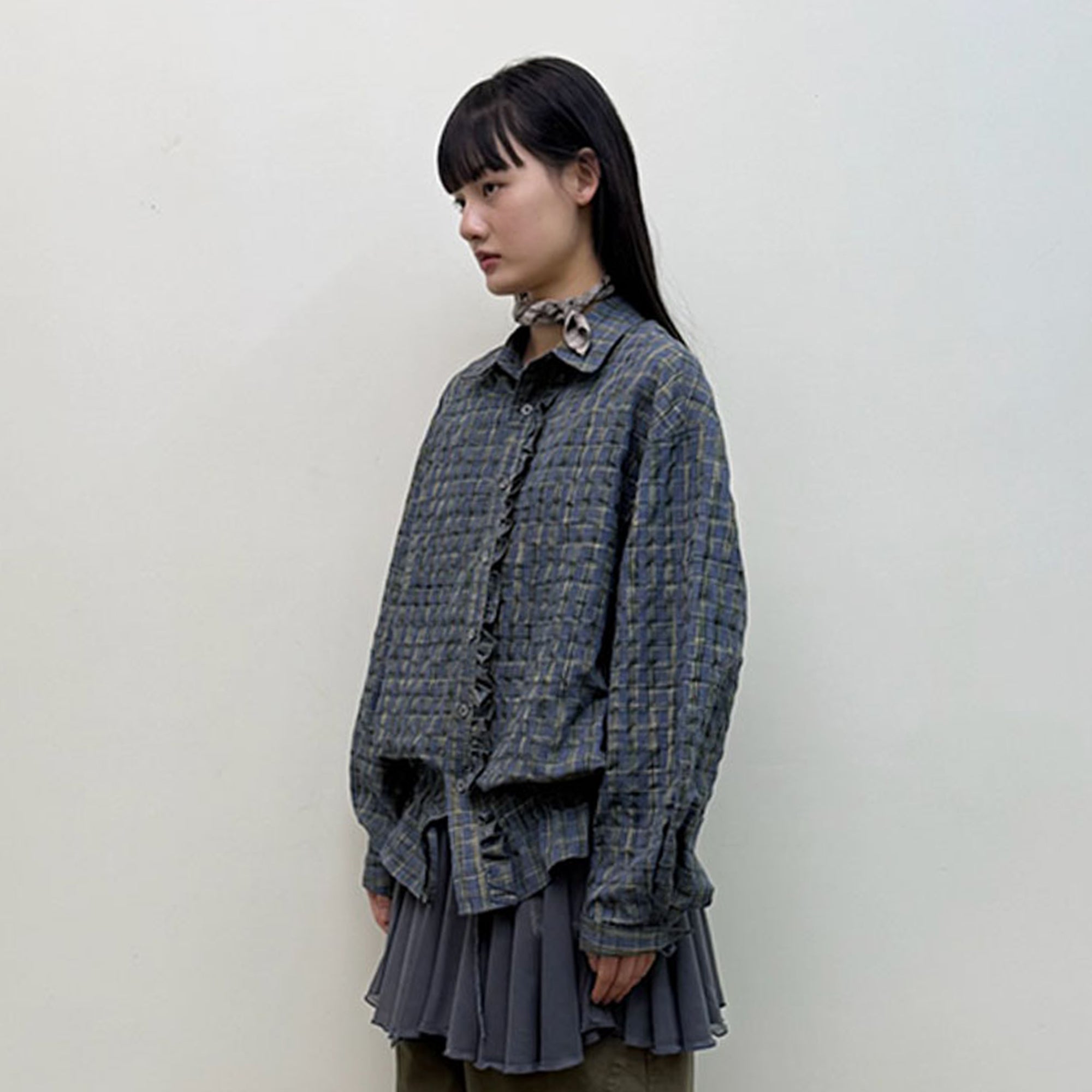 NEVERSEEZ Ruffle-Placket Seersucker Plaid Drawstring Shirt