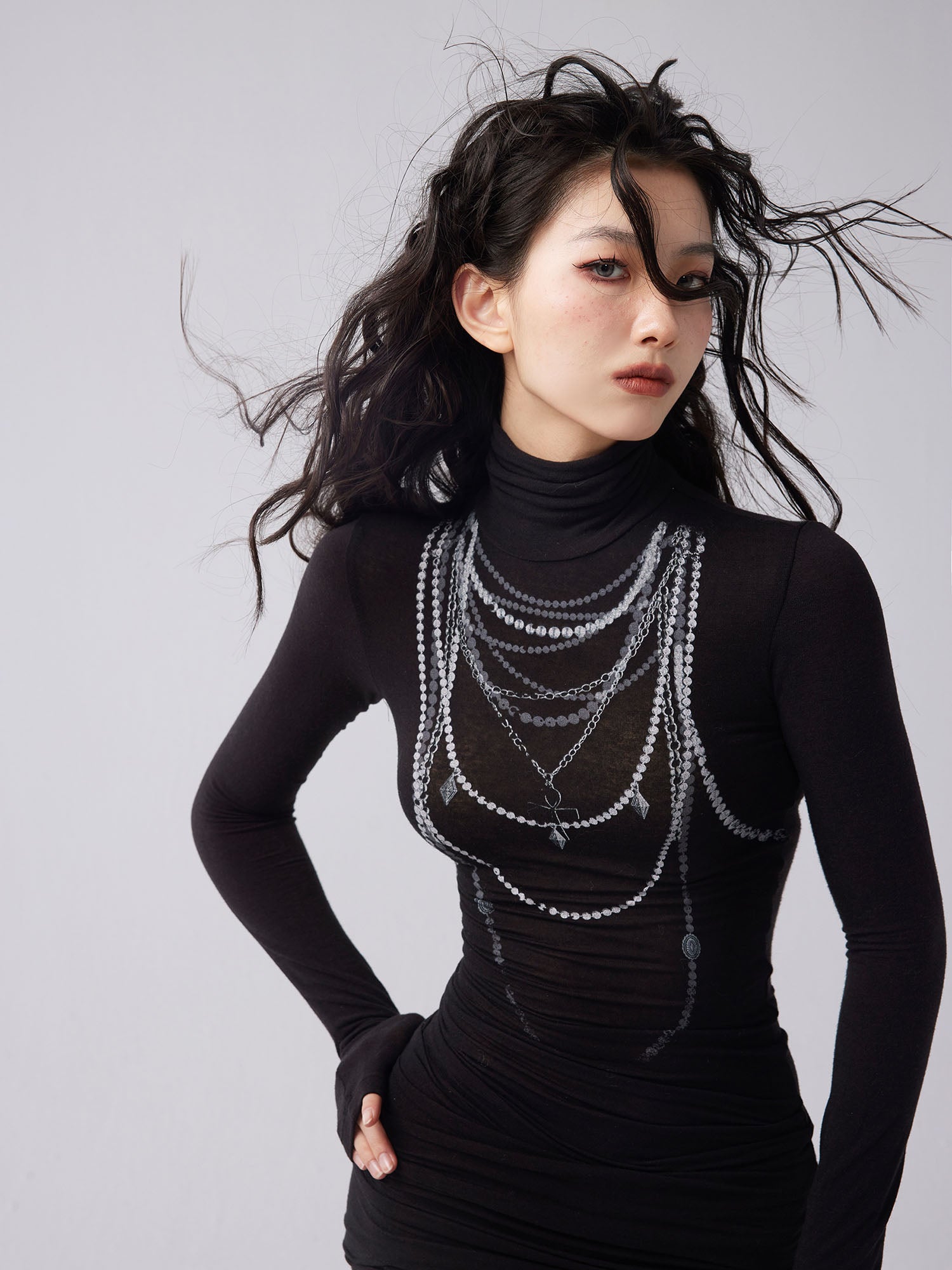 WHYNOTDANCE Pearl Graphic Turtleneck Stacked Dress