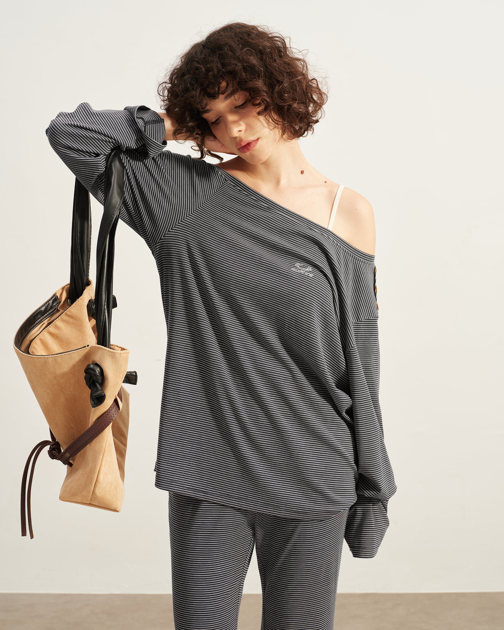 SOFITTE Off-Shoulder Striped Drape Tee