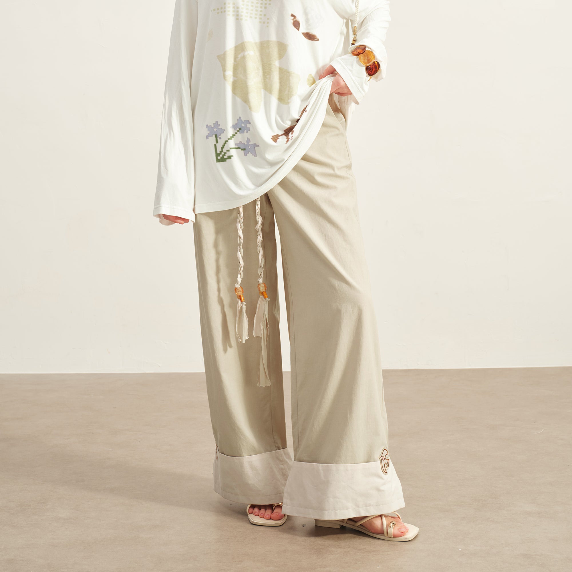 SOFITTE Fold-Hem Braided Drawstring Casual Pants