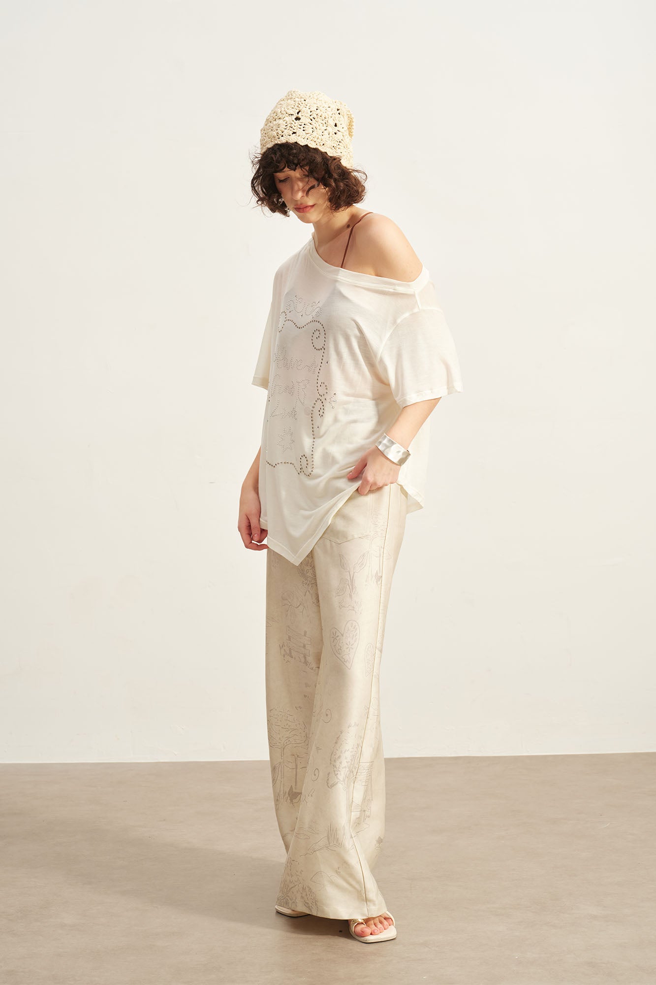SOFITTE Off-Shoulder Studded Graphic Tee