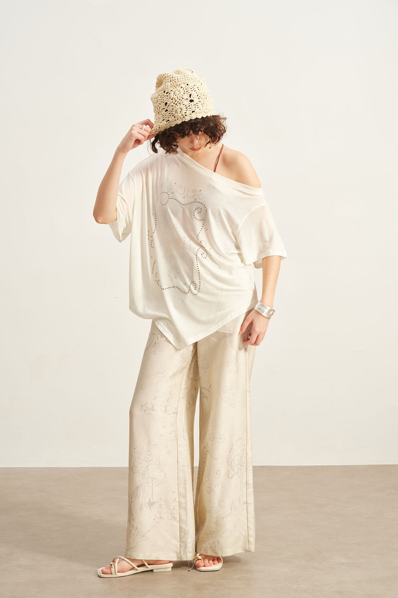 SOFITTE Off-Shoulder Studded Graphic Tee