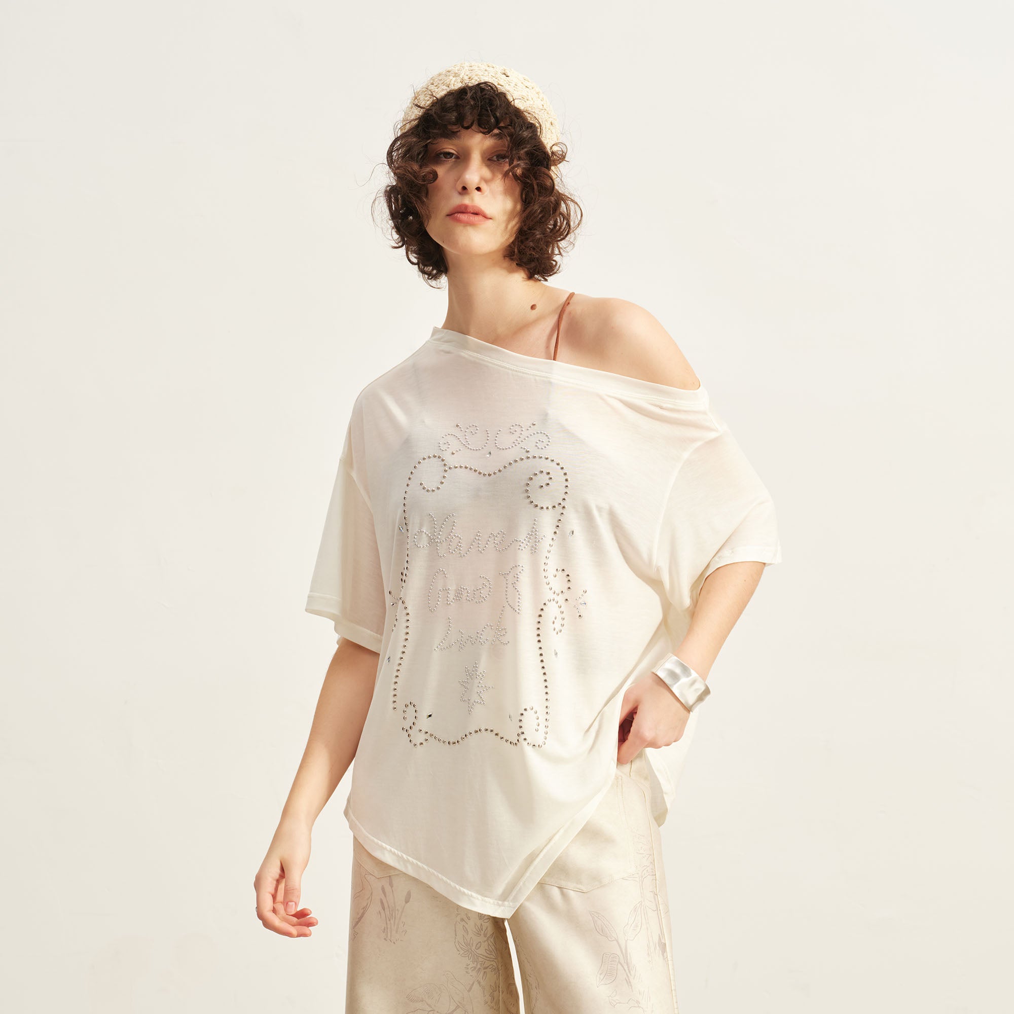 SOFITTE Off-Shoulder Studded Graphic Tee