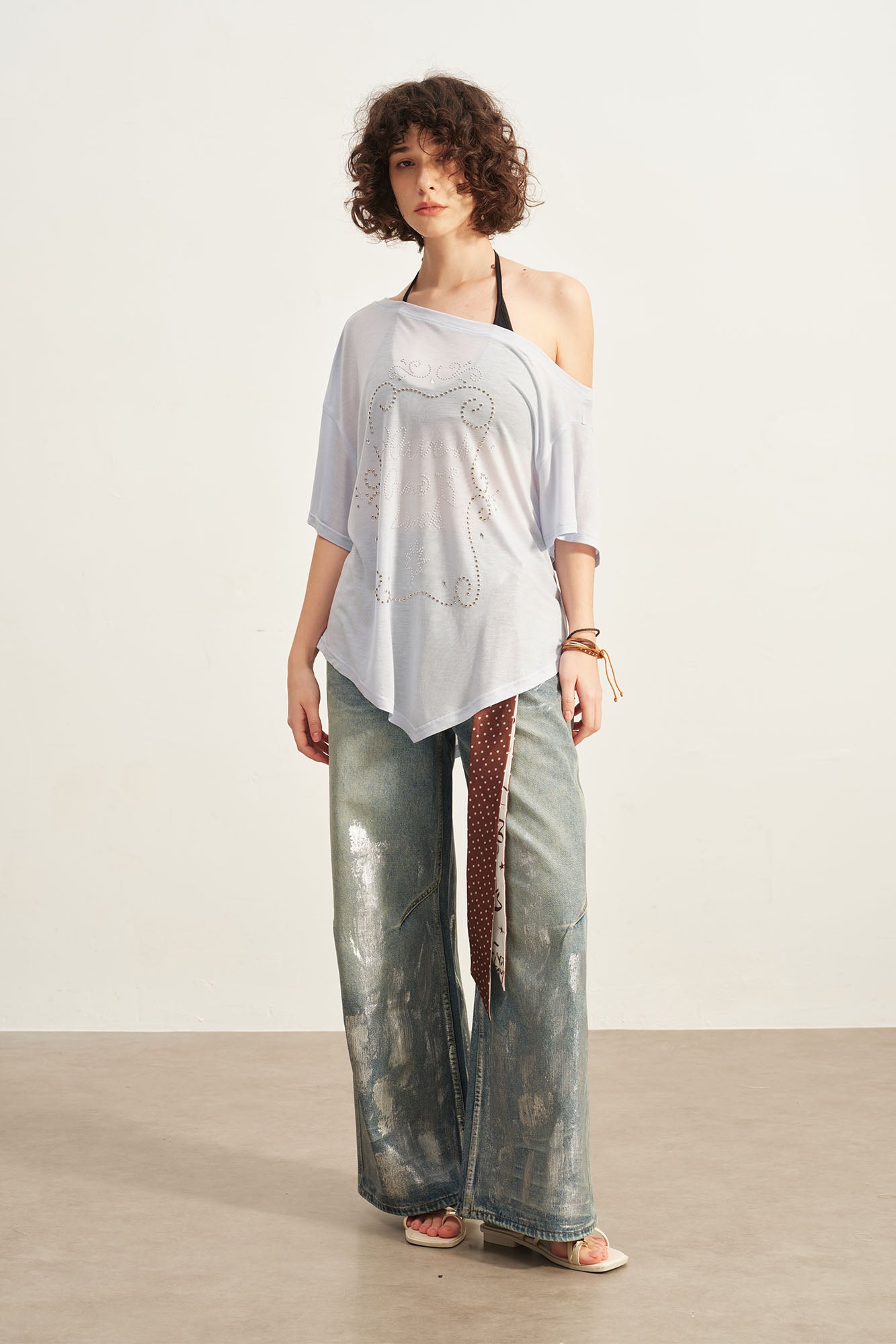 SOFITTE Off-Shoulder Studded Graphic Tee