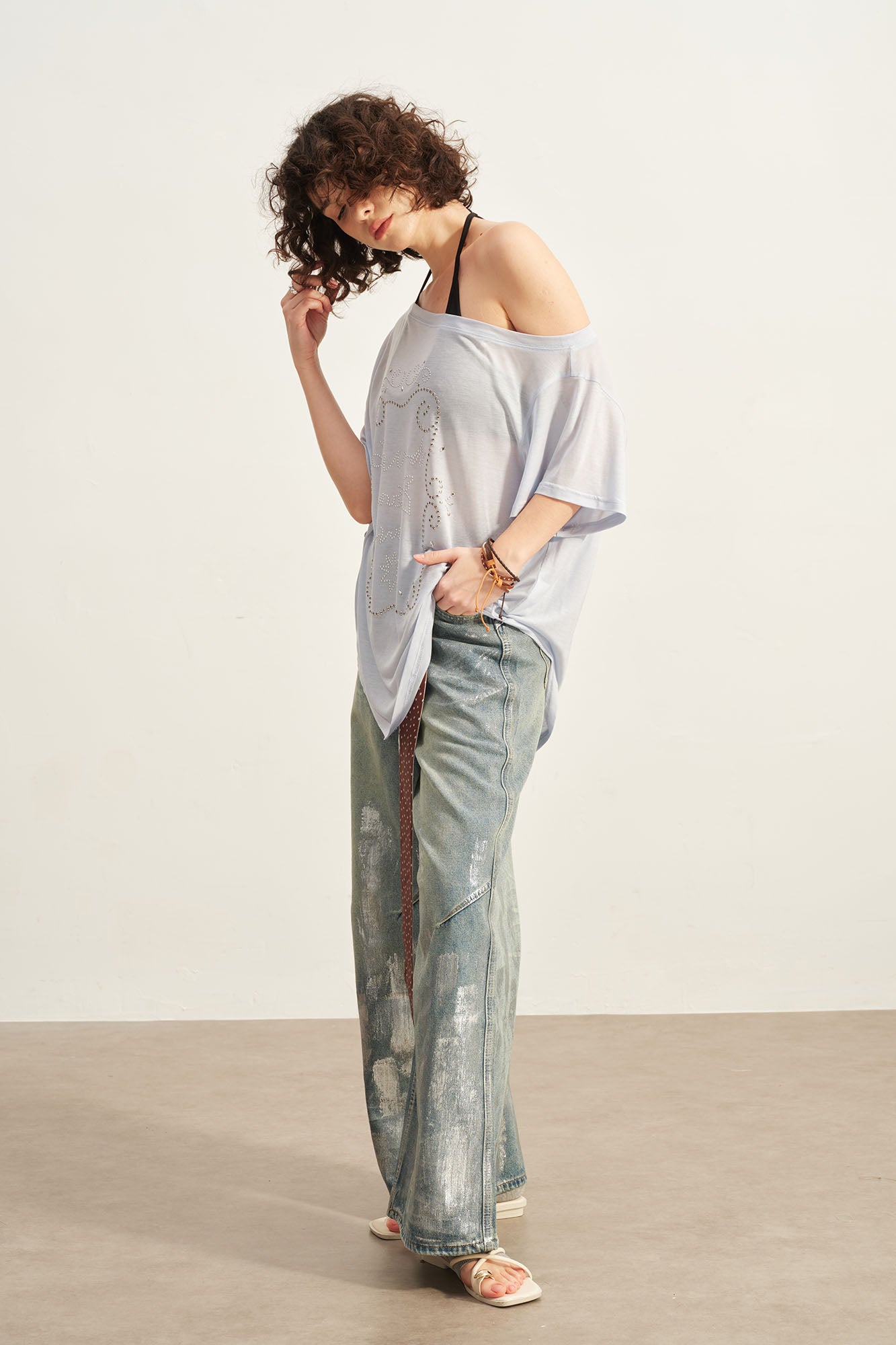 SOFITTE Off-Shoulder Studded Graphic Tee